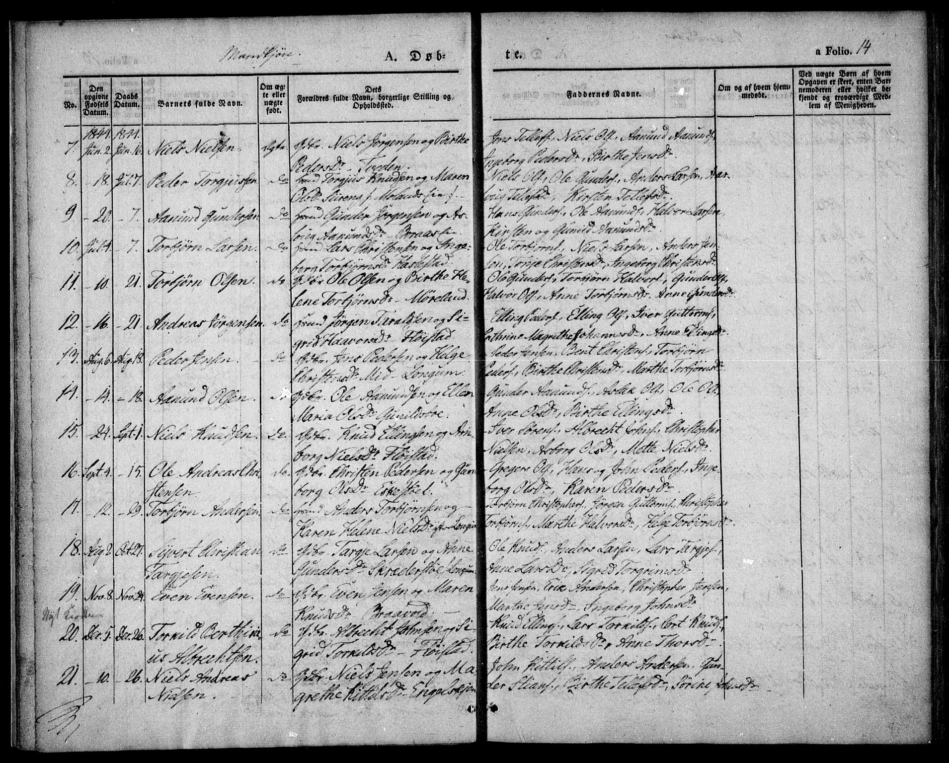 Austre Moland sokneprestkontor, SAK/1111-0001/F/Fa/Faa/L0006: Parish register (official) no. A 6, 1837-1846, p. 14