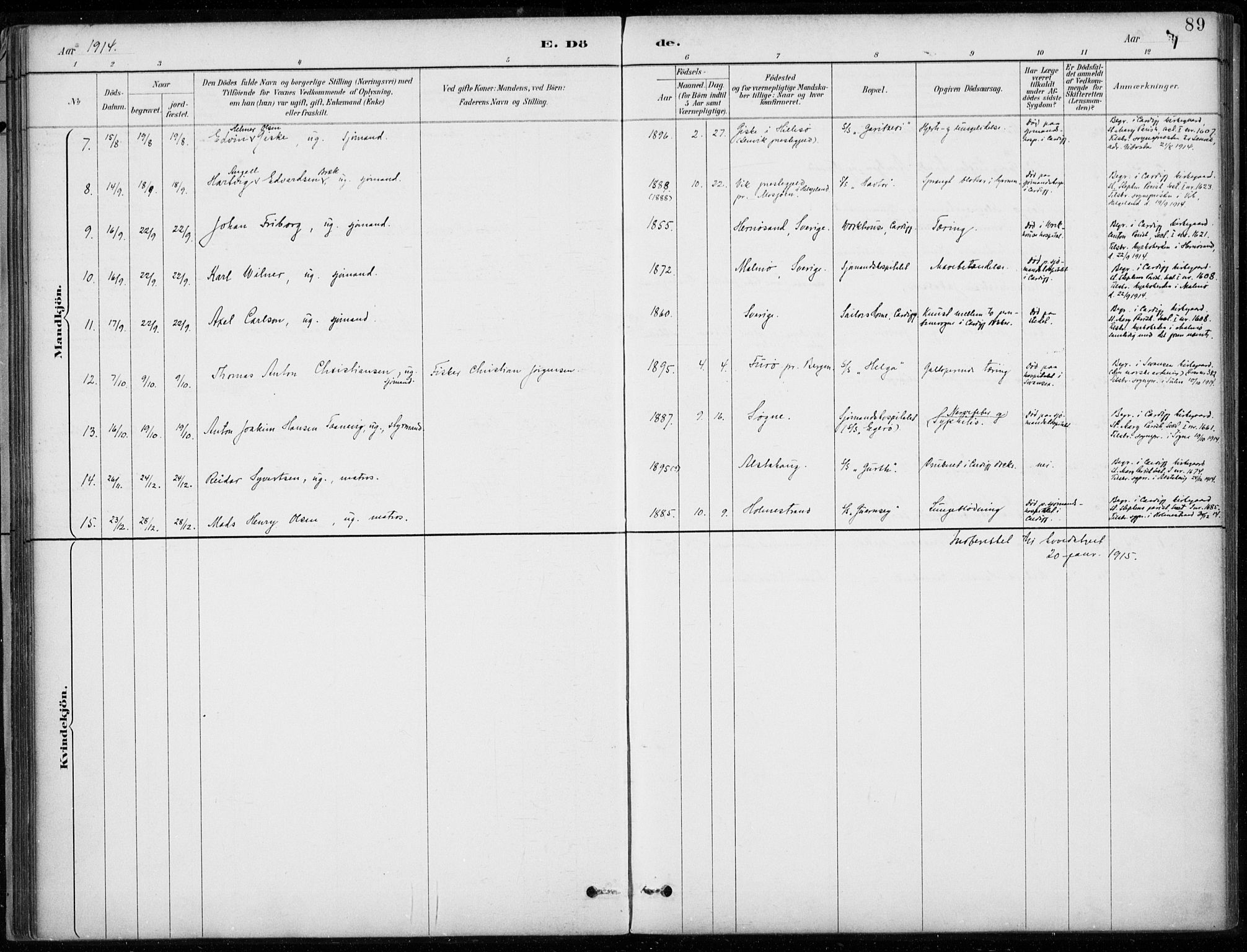 Den norske sjømannsmisjon i utlandet/Bristolhavnene(Cardiff-Swansea), SAB/SAB/PA-0102/H/Ha/Haa/L0002: Parish register (official) no. A 2, 1887-1932, p. 89