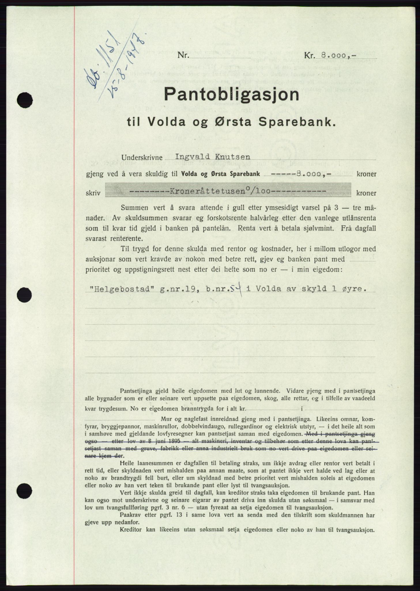 Søre Sunnmøre sorenskriveri, AV/SAT-A-4122/1/2/2C/L0115: Mortgage book no. 3B, 1947-1948, Diary no: : 1151/1947