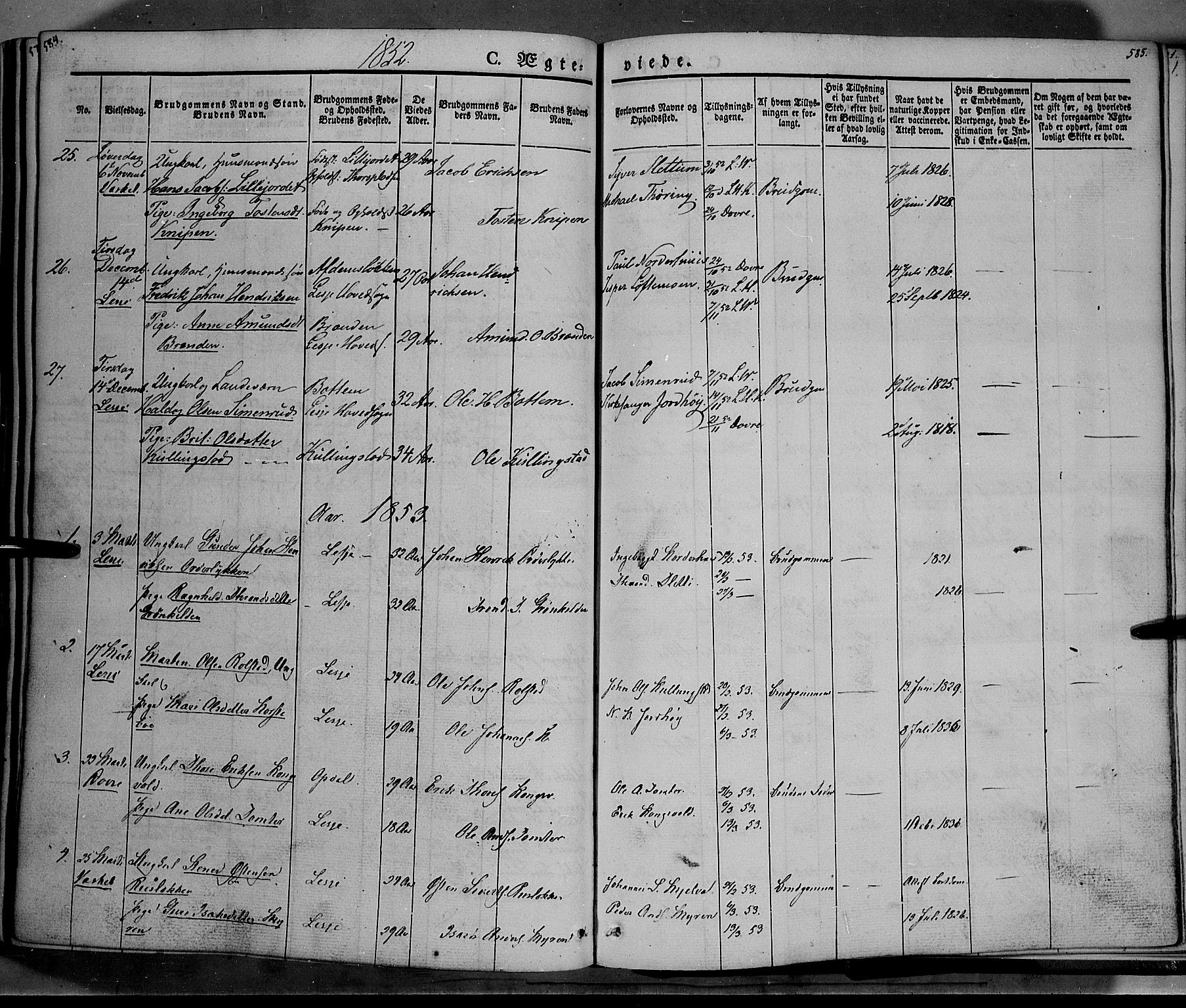 Lesja prestekontor, SAH/PREST-068/H/Ha/Haa/L0006: Parish register (official) no. 6A, 1843-1854, p. 584-585