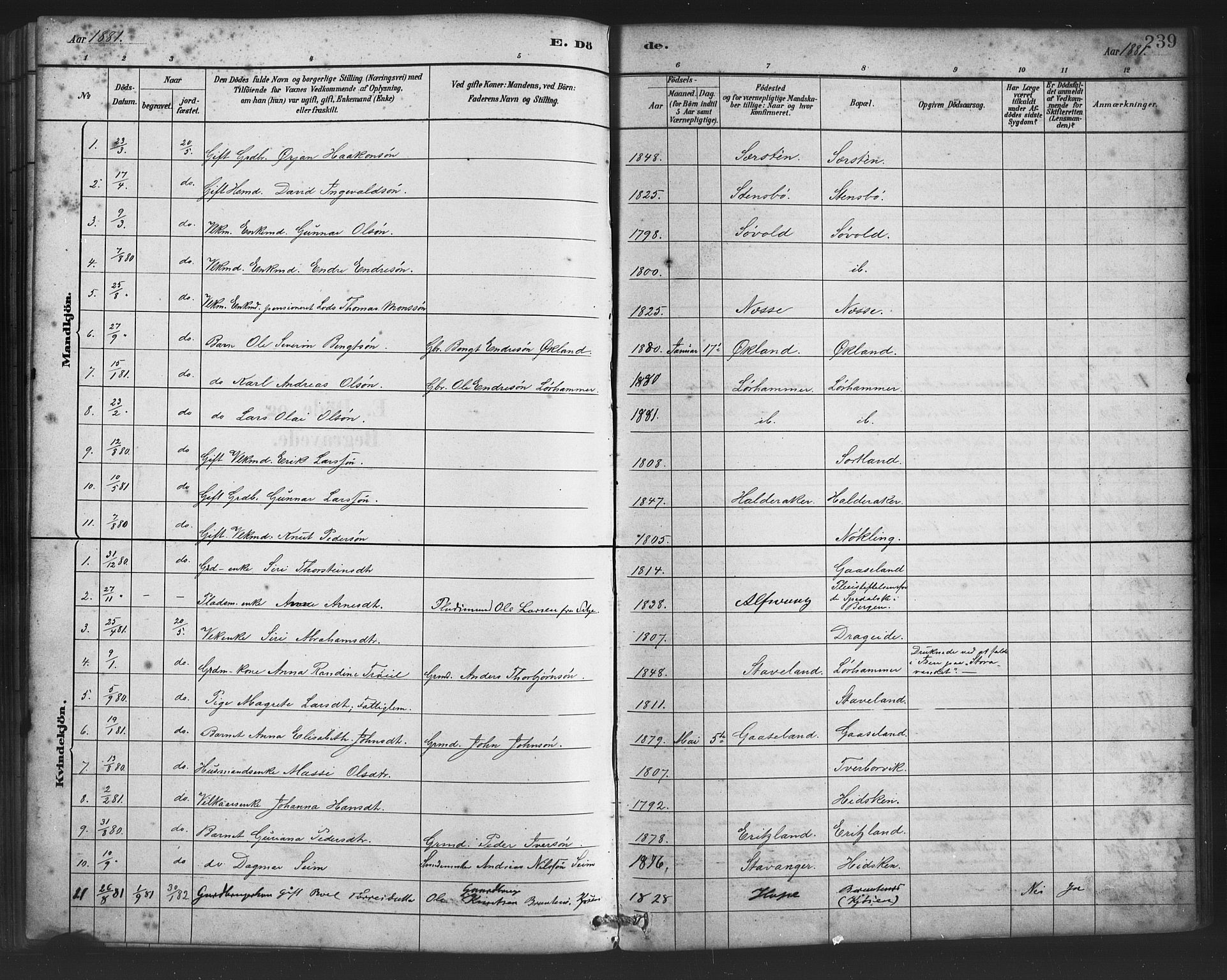 Finnås sokneprestembete, SAB/A-99925/H/Ha/Haa/Haac/L0001: Parish register (official) no. C 1, 1881-1894, p. 239