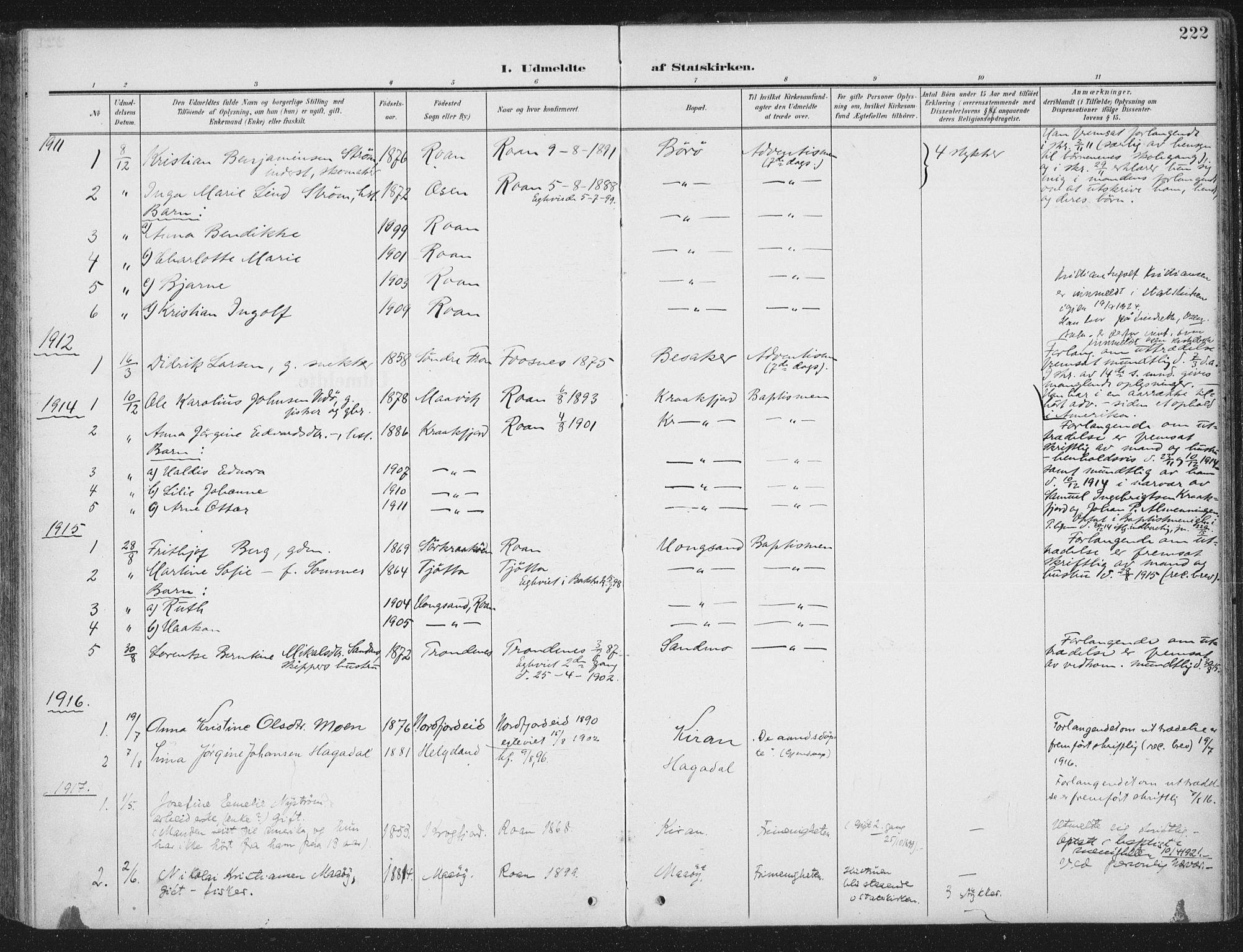 Ministerialprotokoller, klokkerbøker og fødselsregistre - Sør-Trøndelag, SAT/A-1456/657/L0709: Parish register (official) no. 657A10, 1905-1919, p. 222