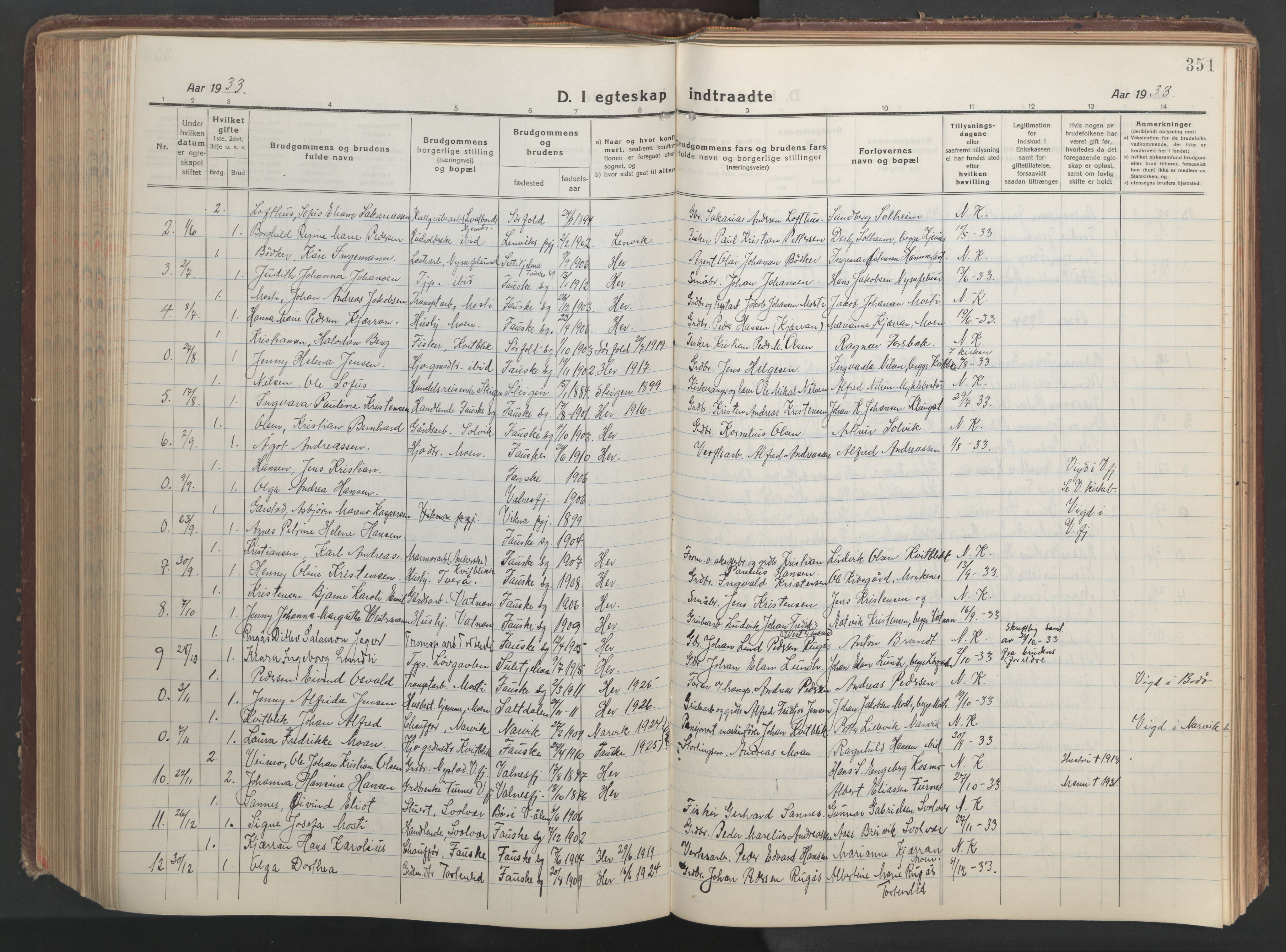 Ministerialprotokoller, klokkerbøker og fødselsregistre - Nordland, AV/SAT-A-1459/849/L0700: Parish register (copy) no. 849C01, 1919-1946, p. 351