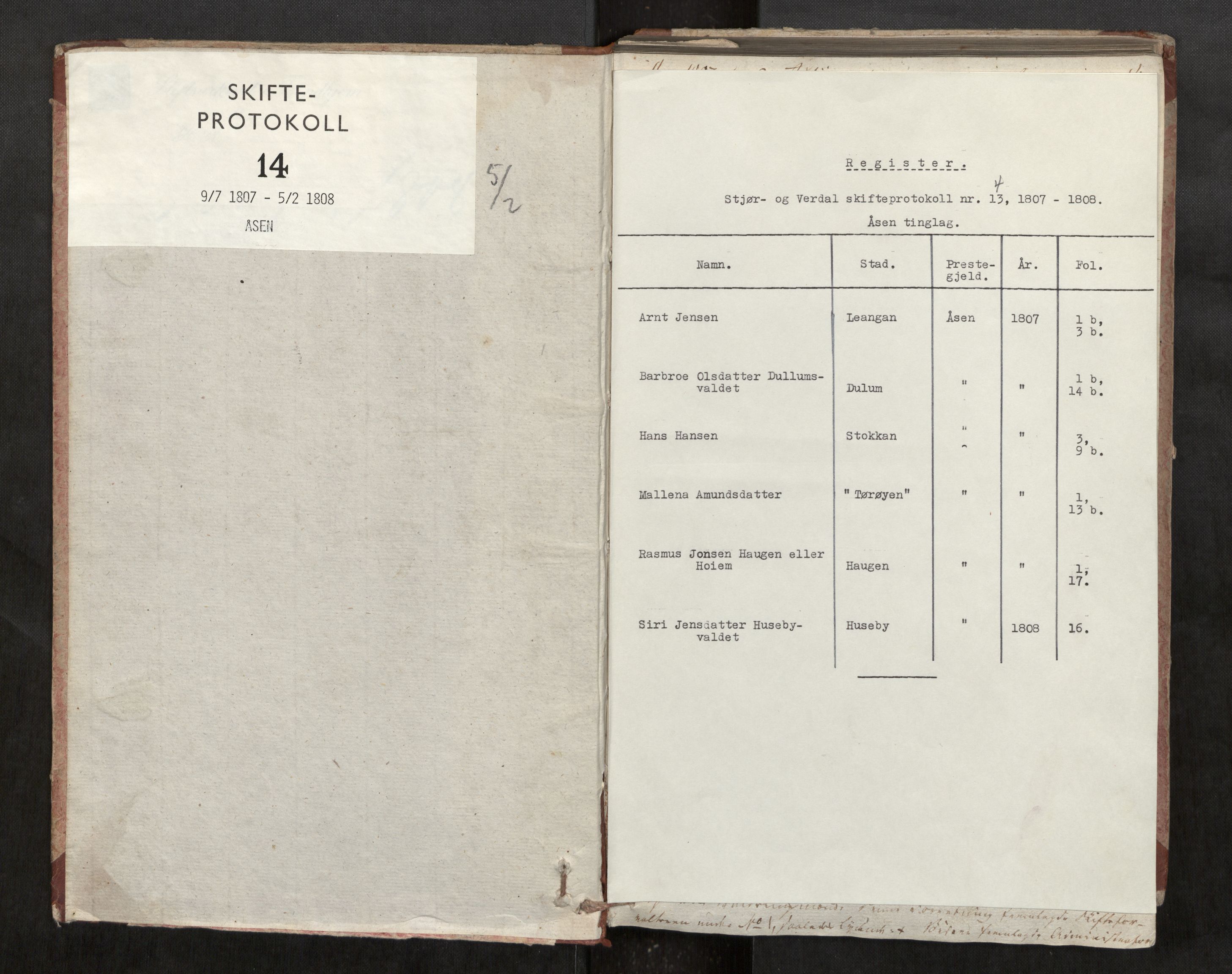 Stjør- og Verdal sorenskriveri, AV/SAT-A-4167/1/3/3A/L0019: Skifteprotokoll 14, 1807-1808