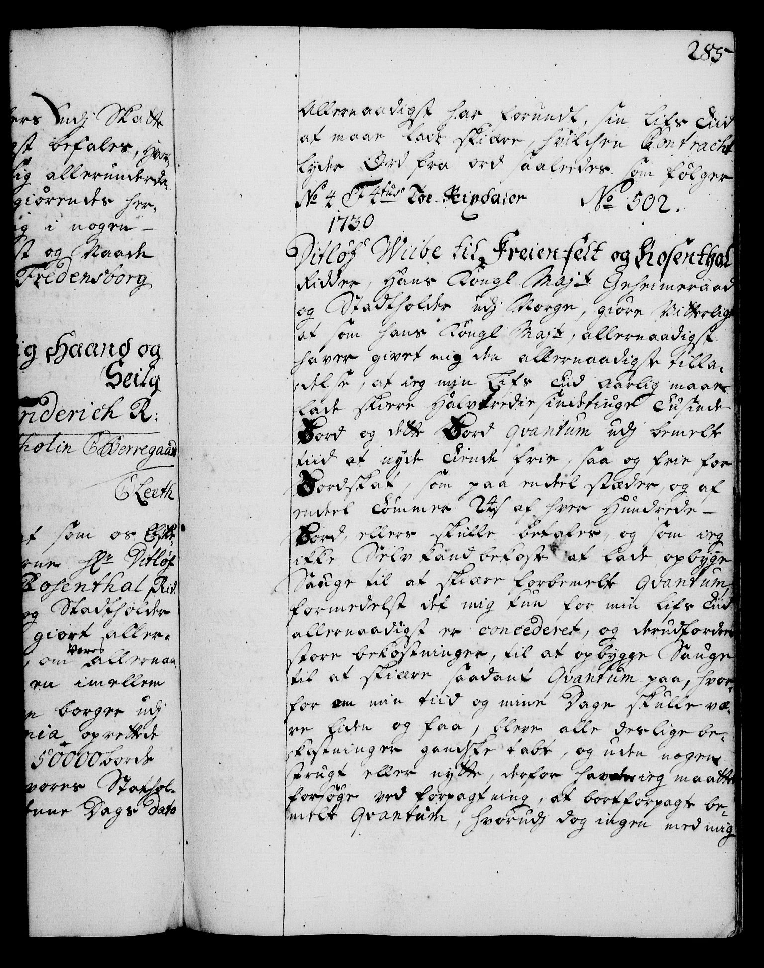 Rentekammeret, Kammerkanselliet, RA/EA-3111/G/Gg/Gga/L0003: Norsk ekspedisjonsprotokoll med register (merket RK 53.3), 1727-1734, p. 285