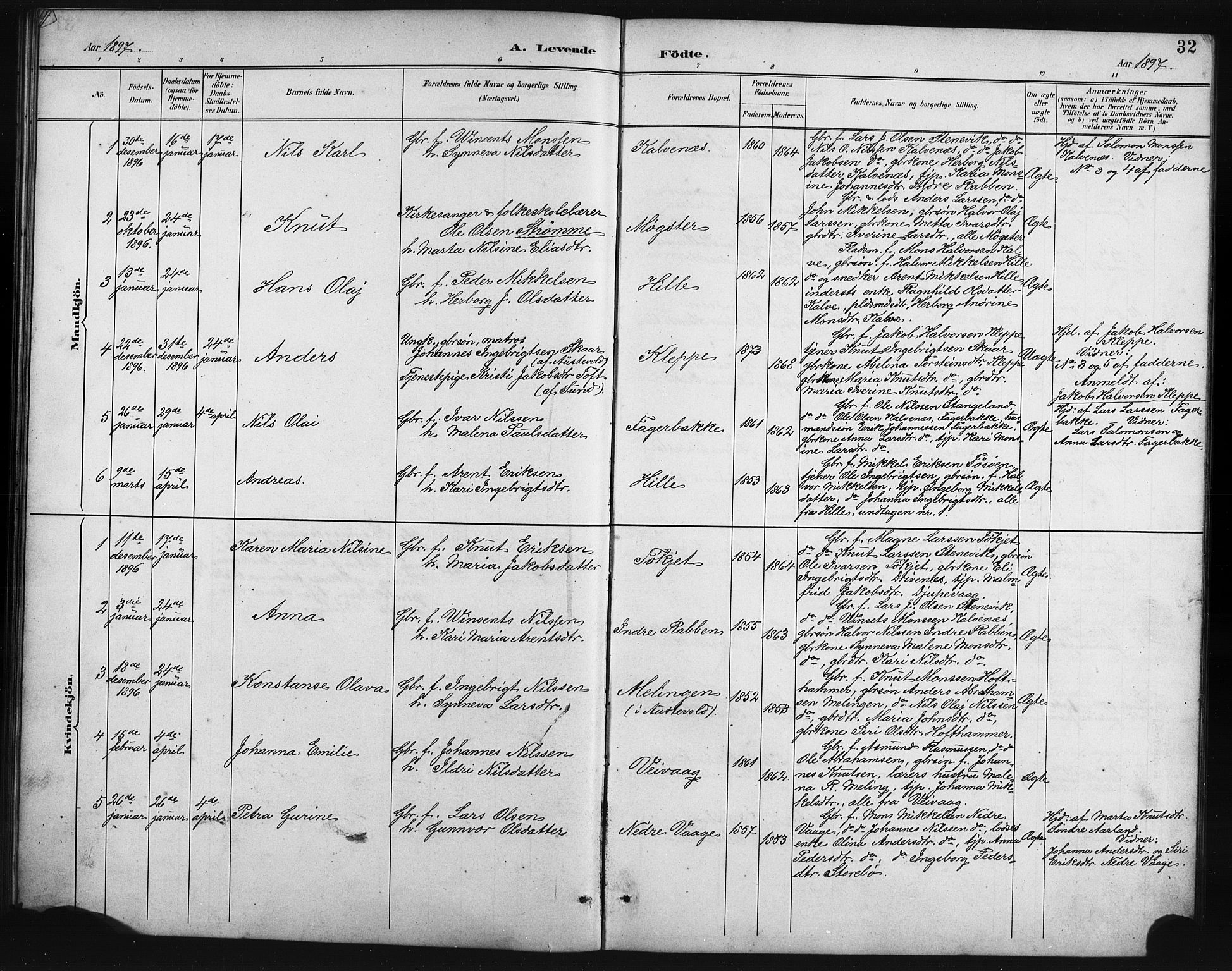Austevoll Sokneprestembete, SAB/A-74201/H/Hab: Parish register (copy) no. B 4, 1889-1901, p. 32