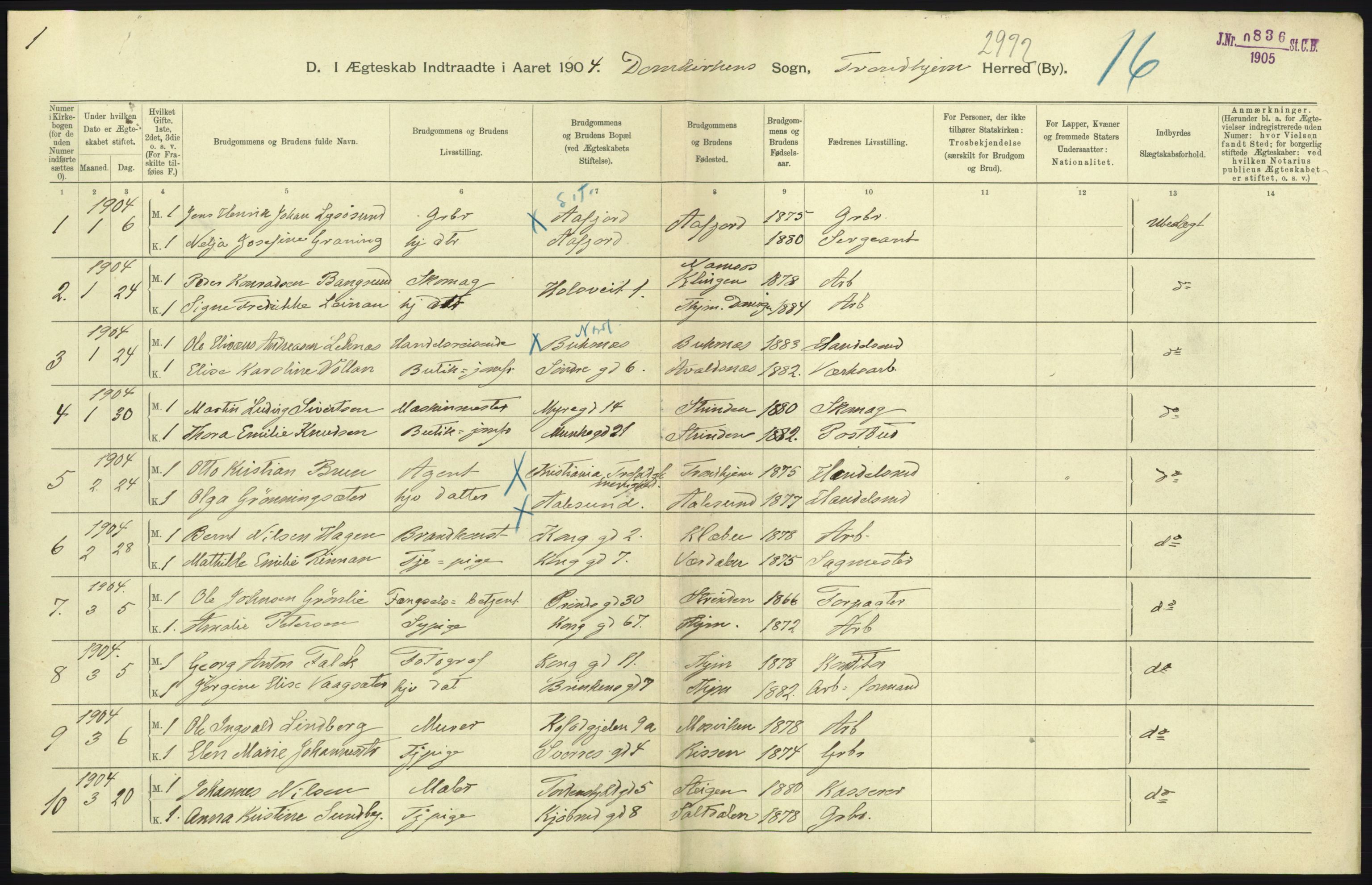 Statistisk sentralbyrå, Sosiodemografiske emner, Befolkning, AV/RA-S-2228/D/Df/Dfa/Dfab/L0018: Trondhjem: Fødte, gifte, døde., 1904, p. 159