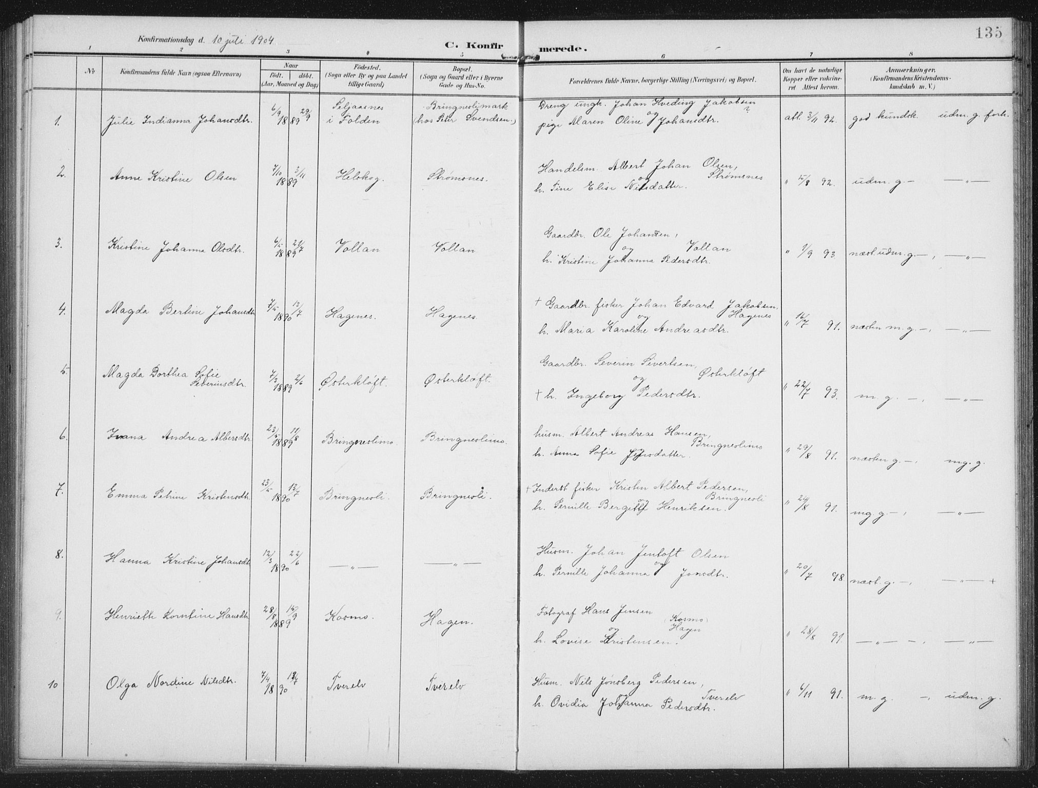 Ministerialprotokoller, klokkerbøker og fødselsregistre - Nordland, AV/SAT-A-1459/851/L0726: Parish register (copy) no. 851C01, 1902-1924, p. 135