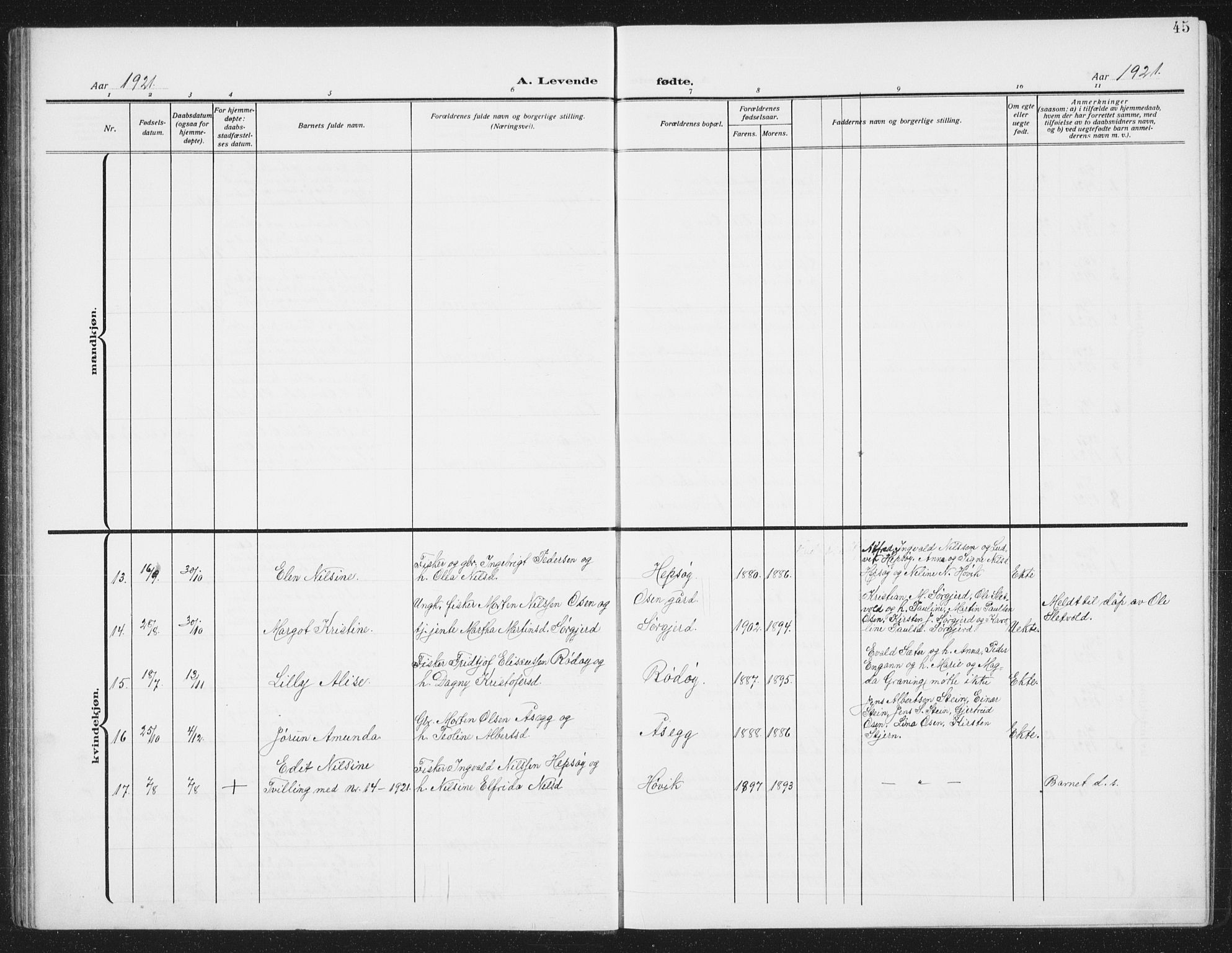 Ministerialprotokoller, klokkerbøker og fødselsregistre - Sør-Trøndelag, SAT/A-1456/658/L0727: Parish register (copy) no. 658C03, 1909-1935, p. 45