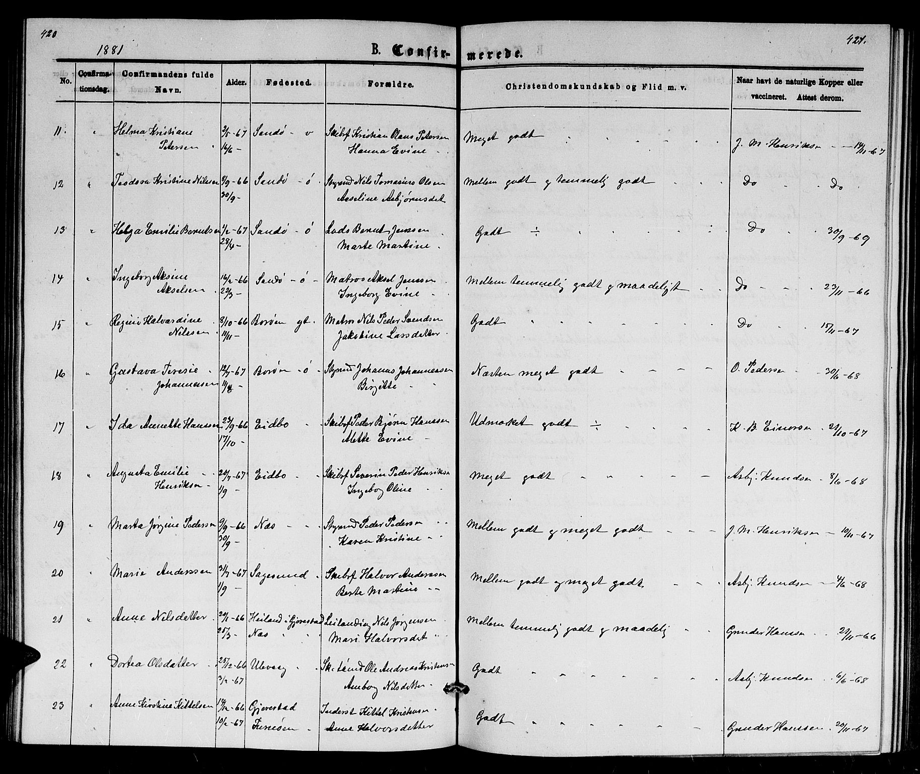 Dypvåg sokneprestkontor, AV/SAK-1111-0007/F/Fb/Fba/L0012: Parish register (copy) no. B 12, 1872-1886, p. 420-421