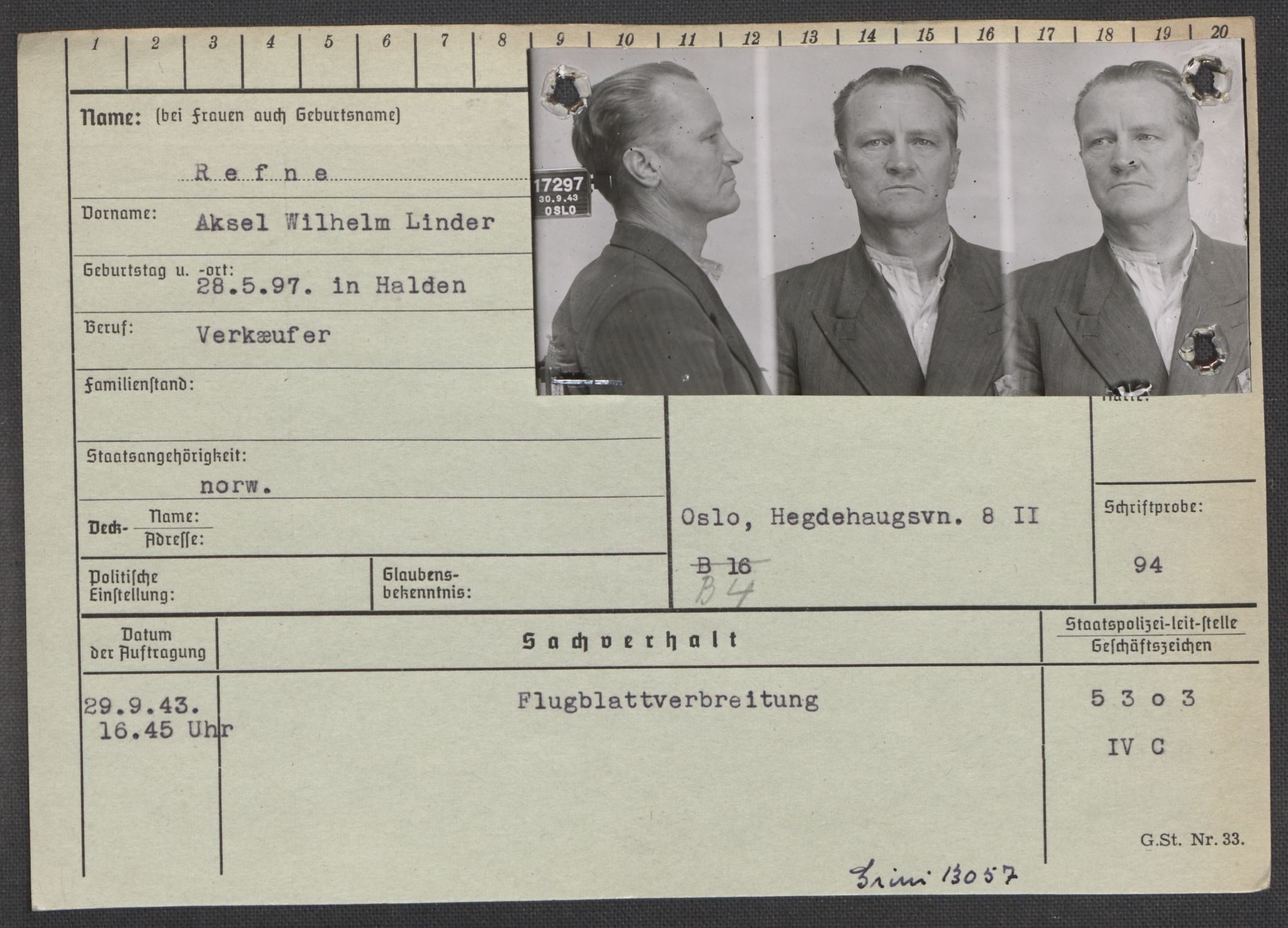 Befehlshaber der Sicherheitspolizei und des SD, AV/RA-RAFA-5969/E/Ea/Eaa/L0008: Register over norske fanger i Møllergata 19: Oelze-Ru, 1940-1945, p. 1102