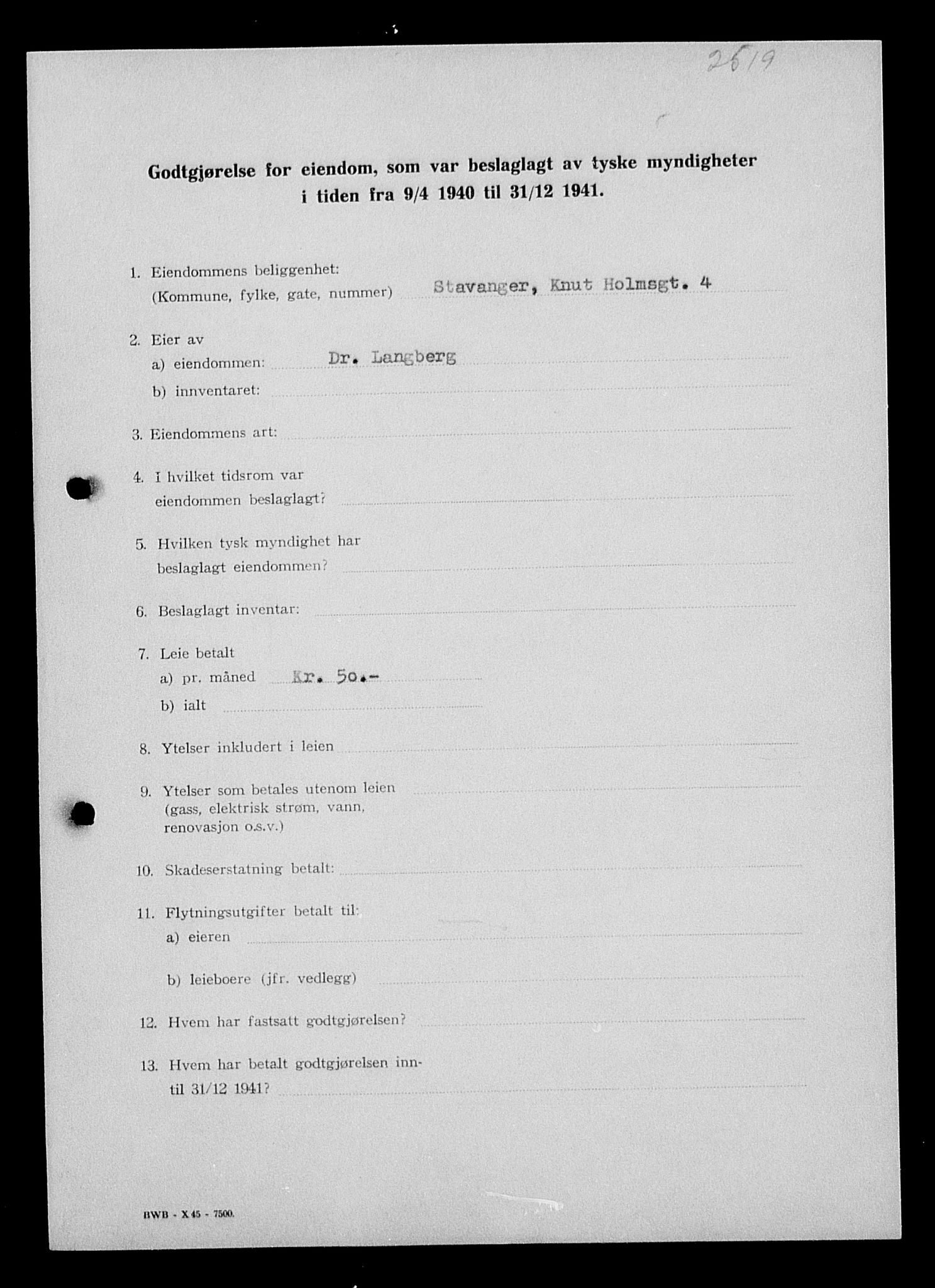 Justisdepartementet, Tilbakeføringskontoret for inndratte formuer, AV/RA-S-1564/I/L1014: Godtgjørelse for beslaglagt eiendom, 1940-1941, p. 75