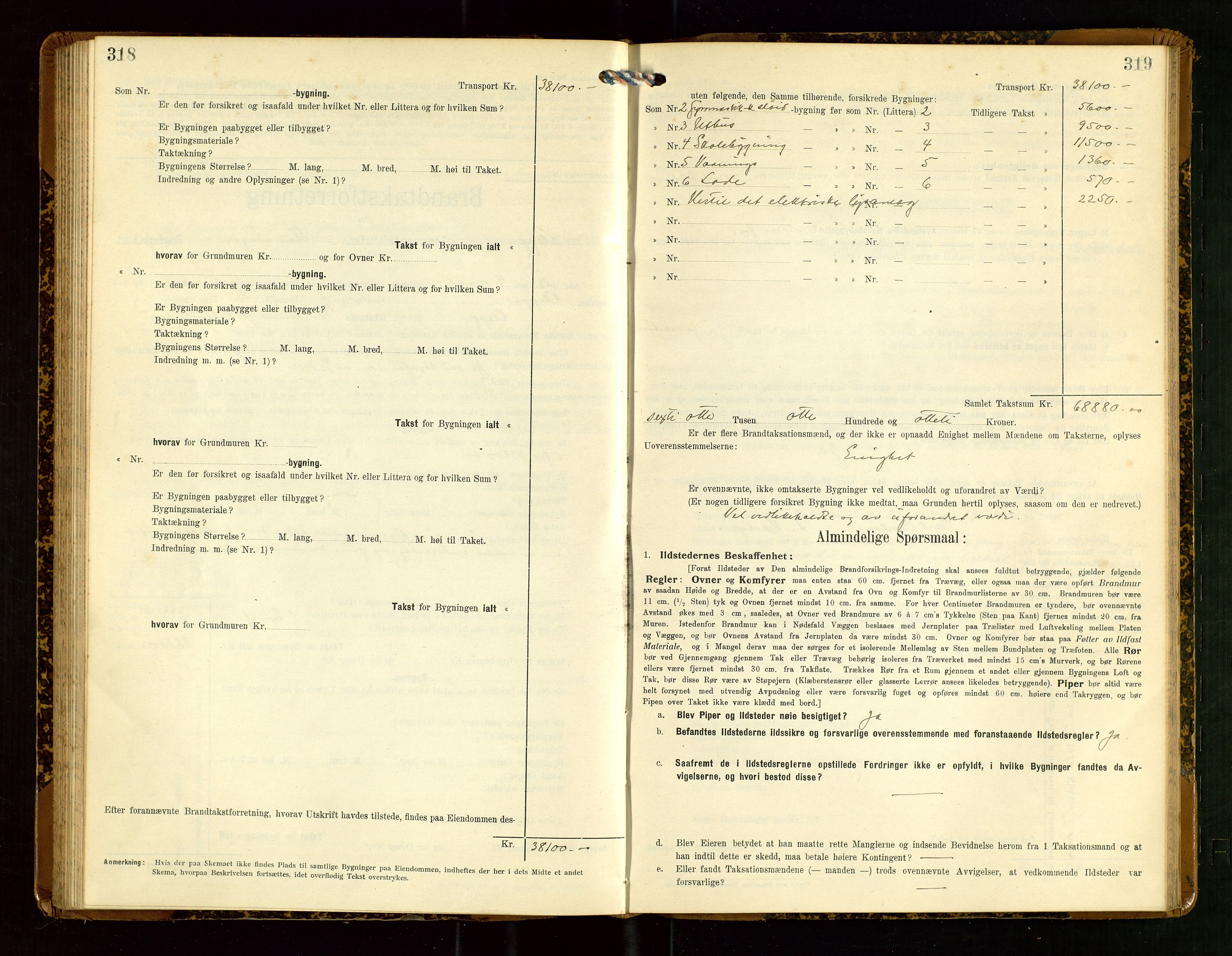 Klepp lensmannskontor, SAST/A-100163/Goc/L0007: "Brandtaxationsprotokol" m/register, 1911-1915, p. 318-319
