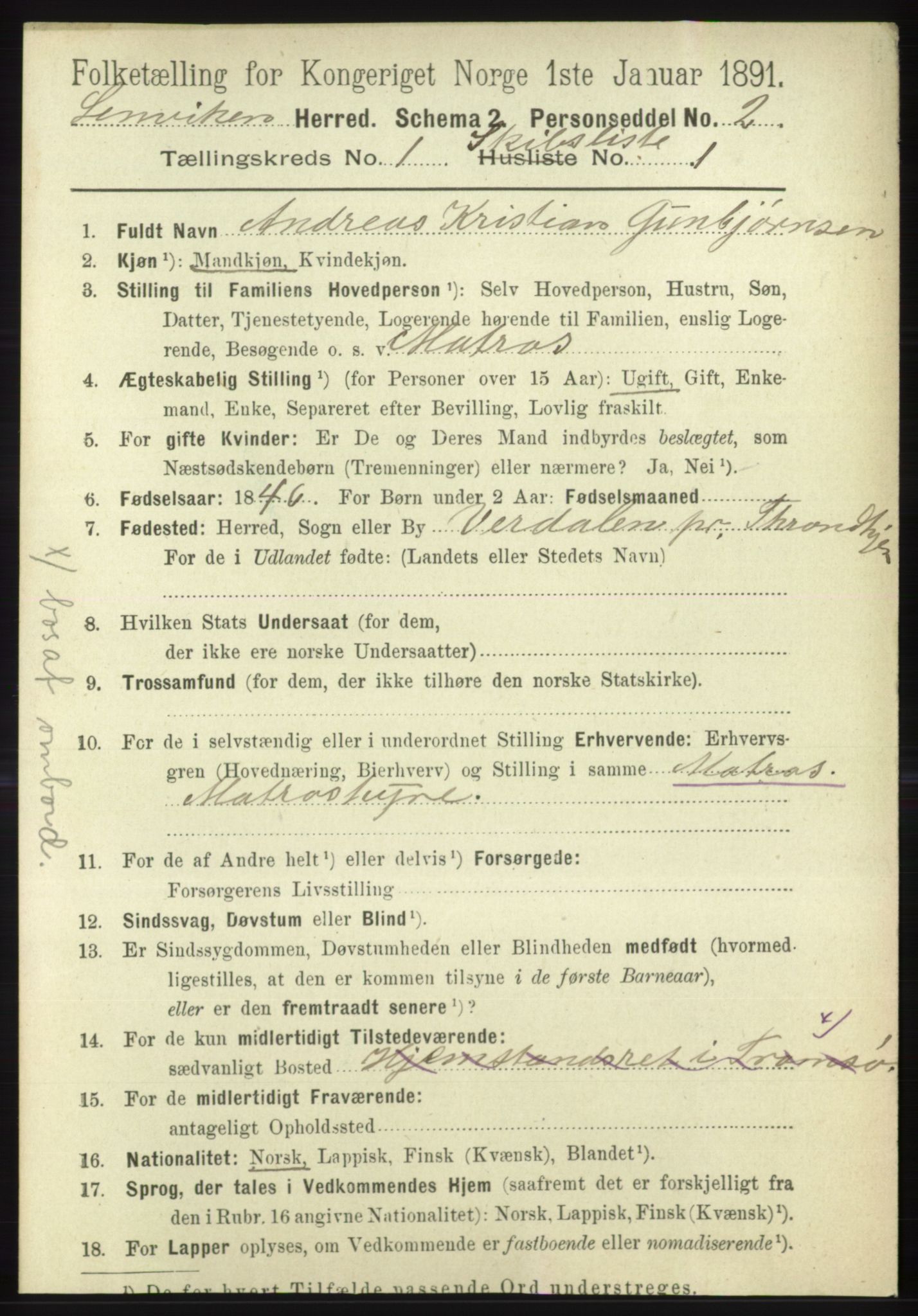RA, 1891 census for 1931 Lenvik, 1891, p. 700