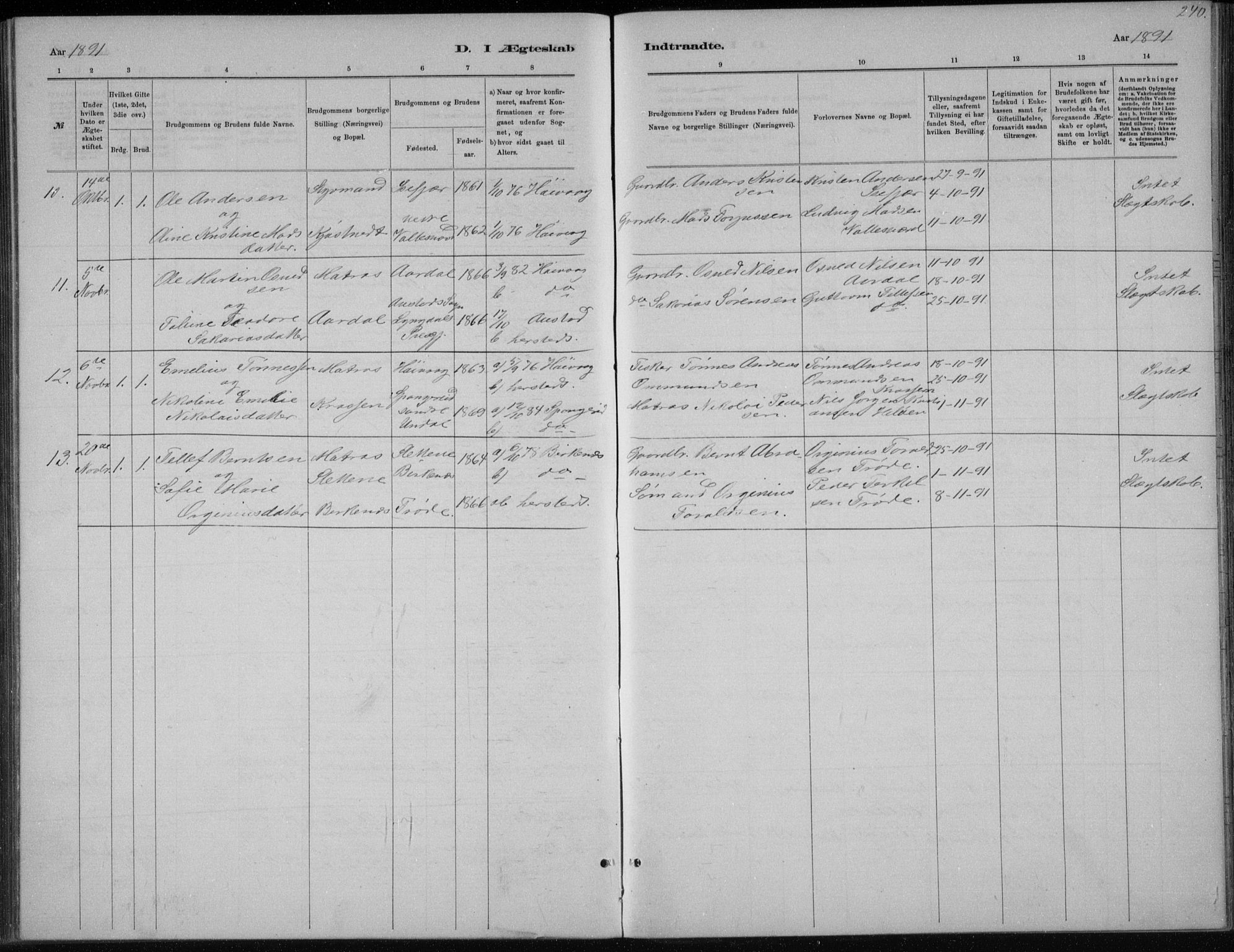 Høvåg sokneprestkontor, SAK/1111-0025/F/Fb/L0004: Parish register (copy) no. B 4, 1883-1898, p. 240