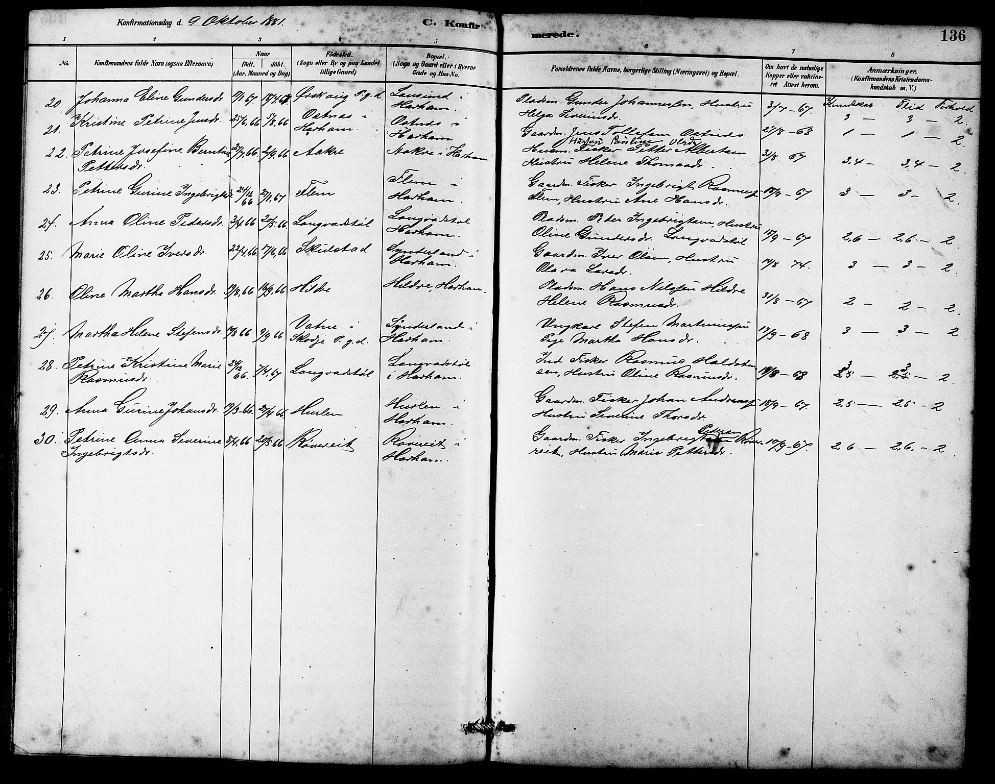 Ministerialprotokoller, klokkerbøker og fødselsregistre - Møre og Romsdal, SAT/A-1454/536/L0510: Parish register (copy) no. 536C05, 1881-1898, p. 136