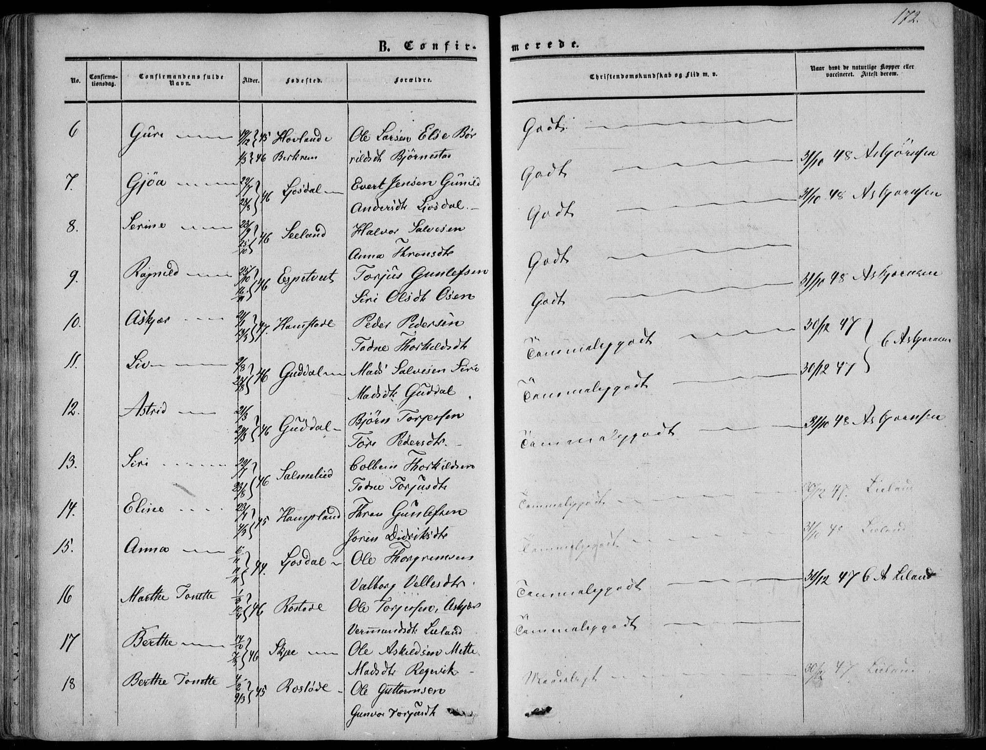 Sirdal sokneprestkontor, AV/SAK-1111-0036/F/Fa/Fab/L0002: Parish register (official) no. A 2, 1855-1874, p. 172