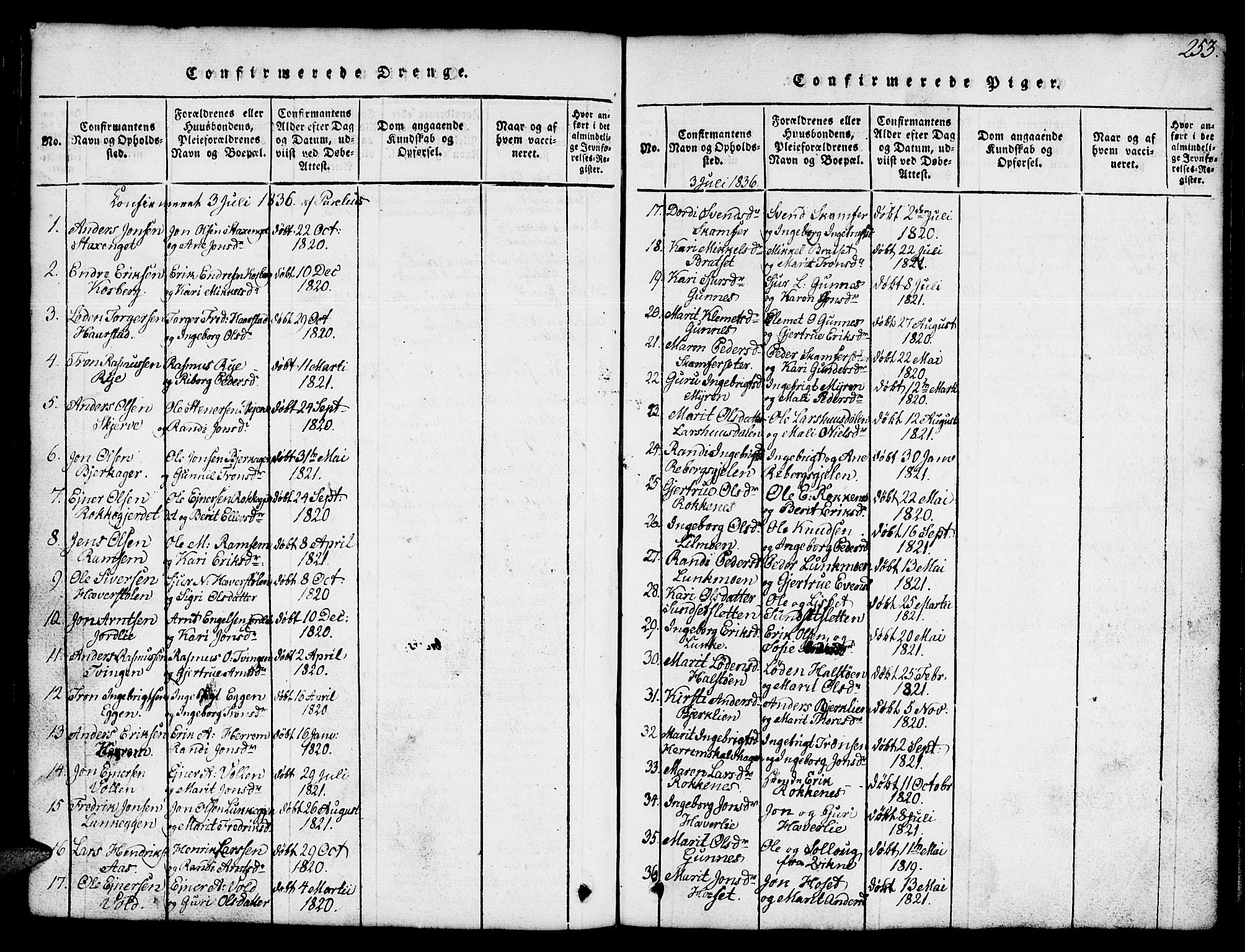 Ministerialprotokoller, klokkerbøker og fødselsregistre - Sør-Trøndelag, SAT/A-1456/674/L0874: Parish register (copy) no. 674C01, 1816-1860, p. 253