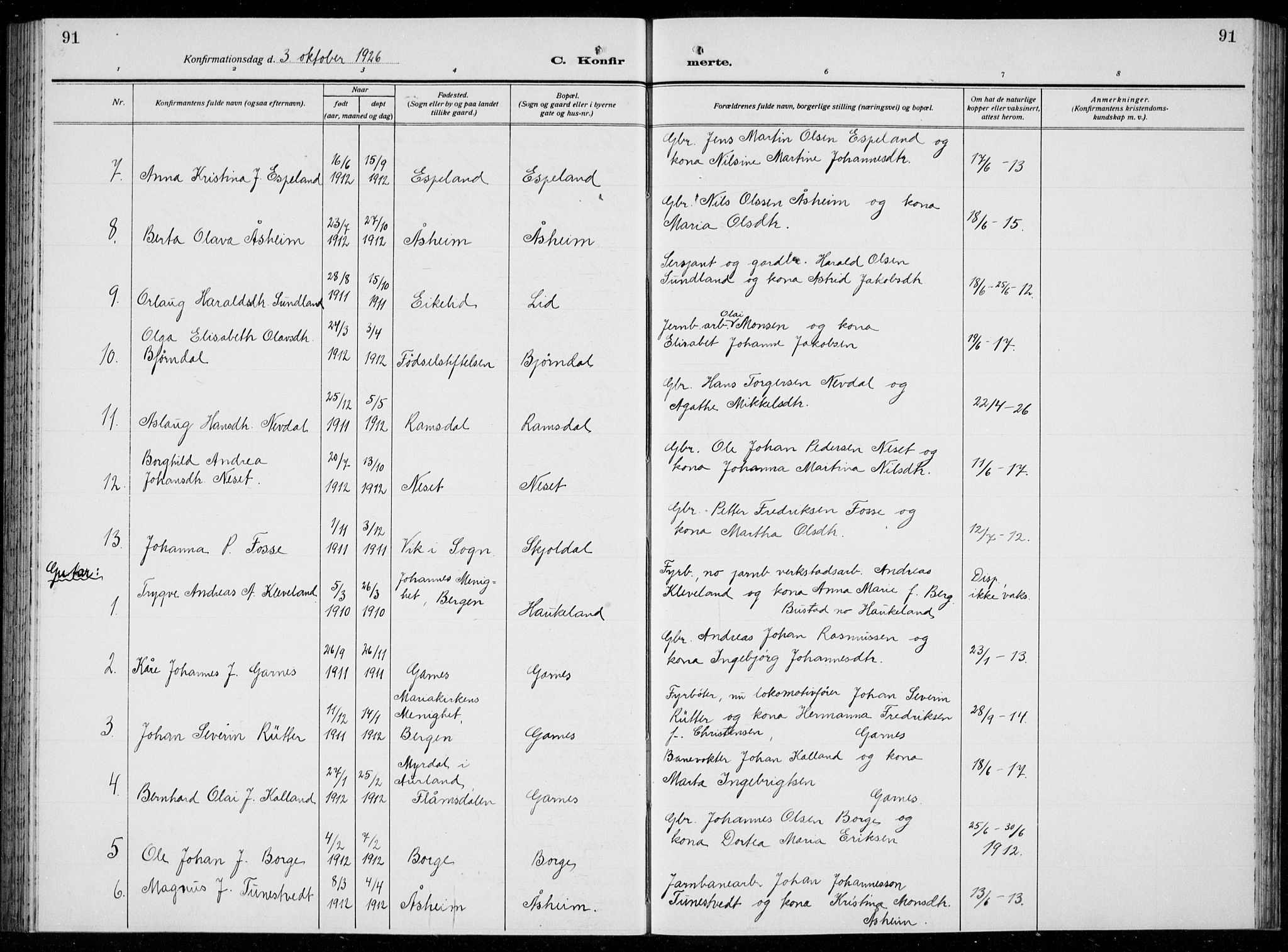 Arna Sokneprestembete, AV/SAB-A-74001/H/Ha/Hab: Parish register (copy) no. A  6, 1922-1936, p. 91