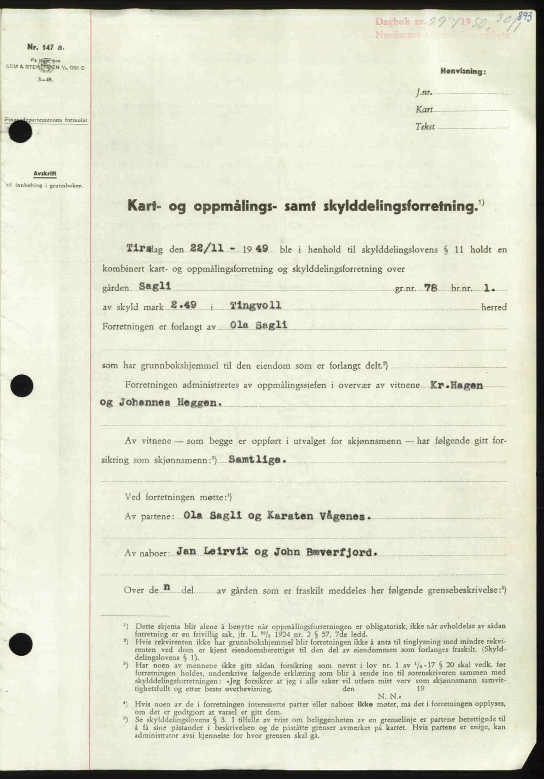 Nordmøre sorenskriveri, AV/SAT-A-4132/1/2/2Ca: Mortgage book no. A113, 1949-1950, Diary no: : 297/1950