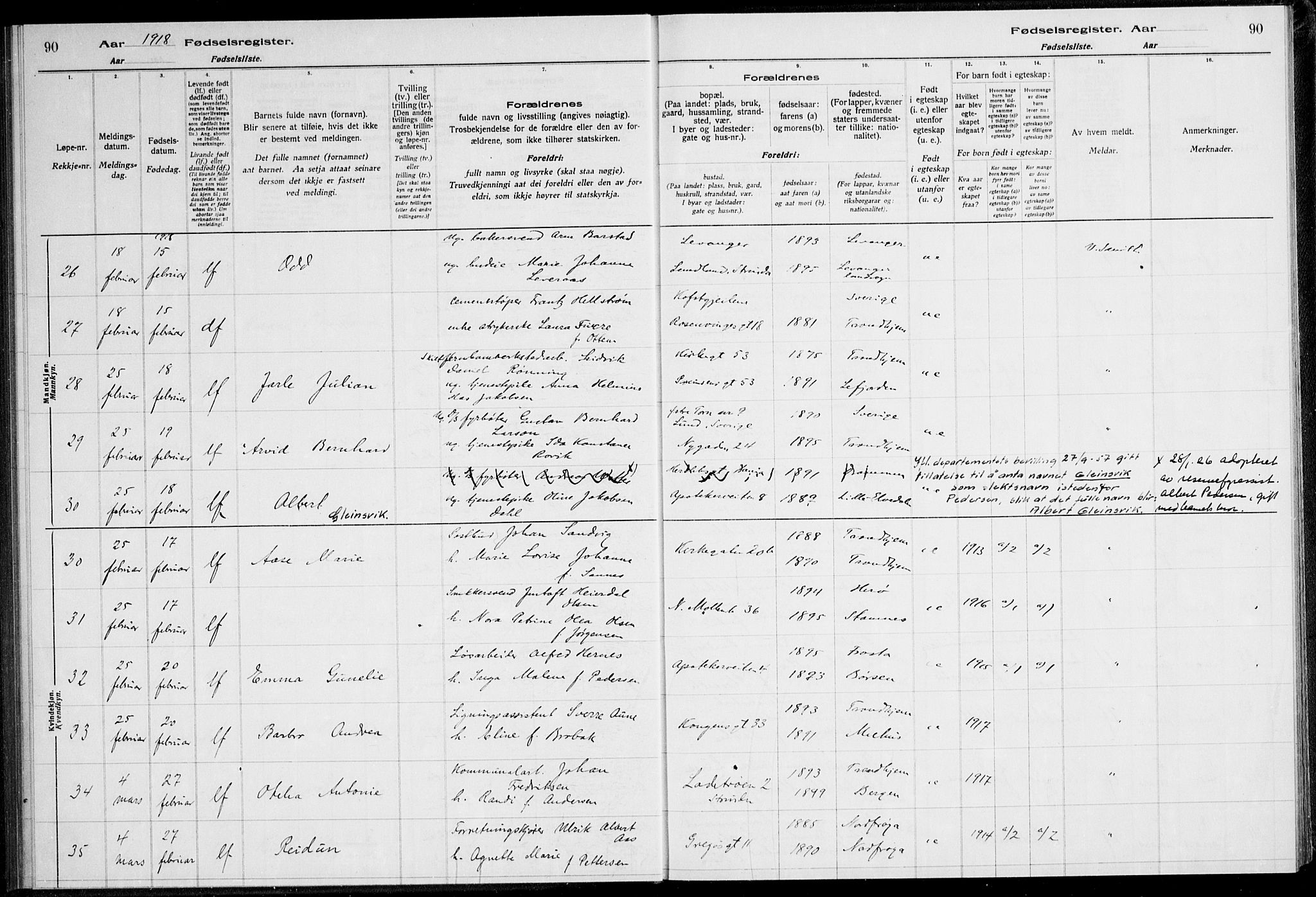 Ministerialprotokoller, klokkerbøker og fødselsregistre - Sør-Trøndelag, AV/SAT-A-1456/600/L0002: Birth register no. 600.II.4.1, 1916-1920, p. 90