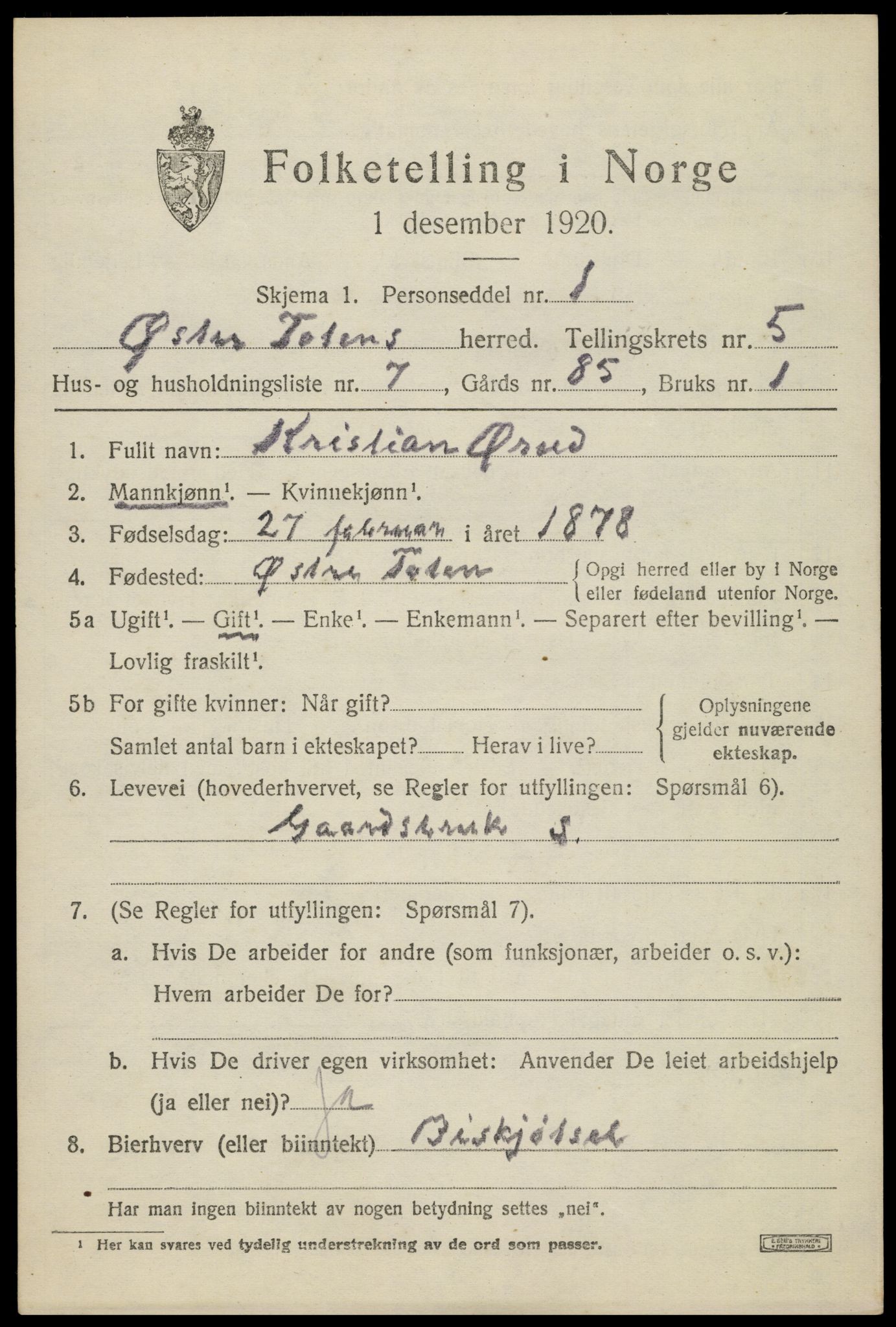 SAH, 1920 census for Østre Toten, 1920, p. 10848