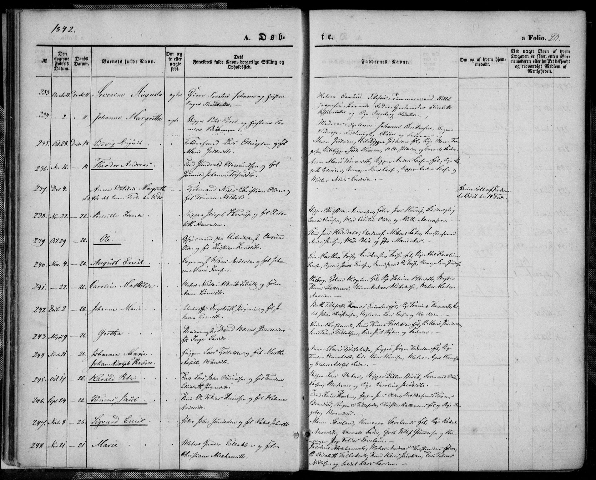 Kristiansand domprosti, SAK/1112-0006/F/Fa/L0013: Parish register (official) no. A 13, 1842-1851, p. 20