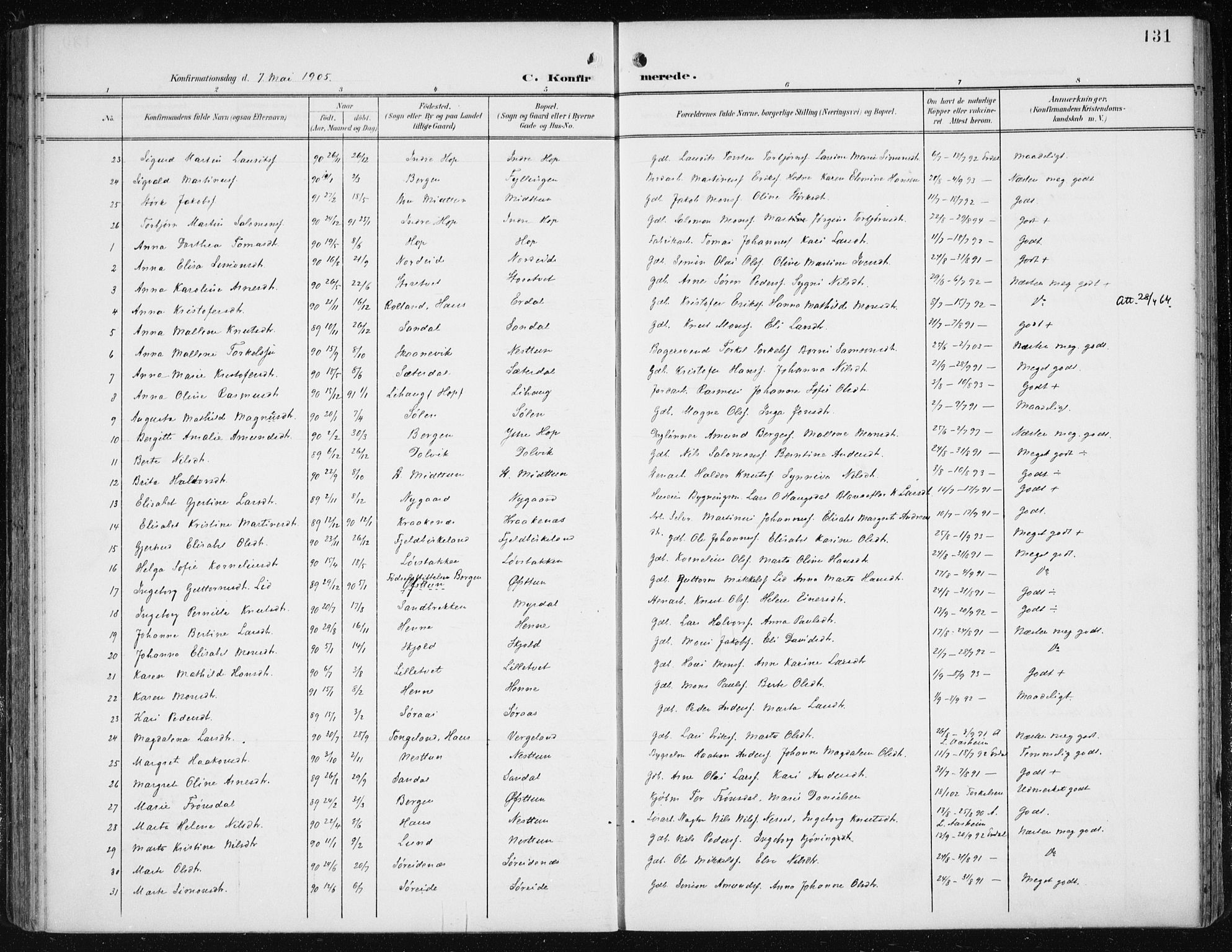Fana Sokneprestembete, SAB/A-75101/H/Haa/Haai/L0003: Parish register (official) no. I 3, 1900-1912, p. 131