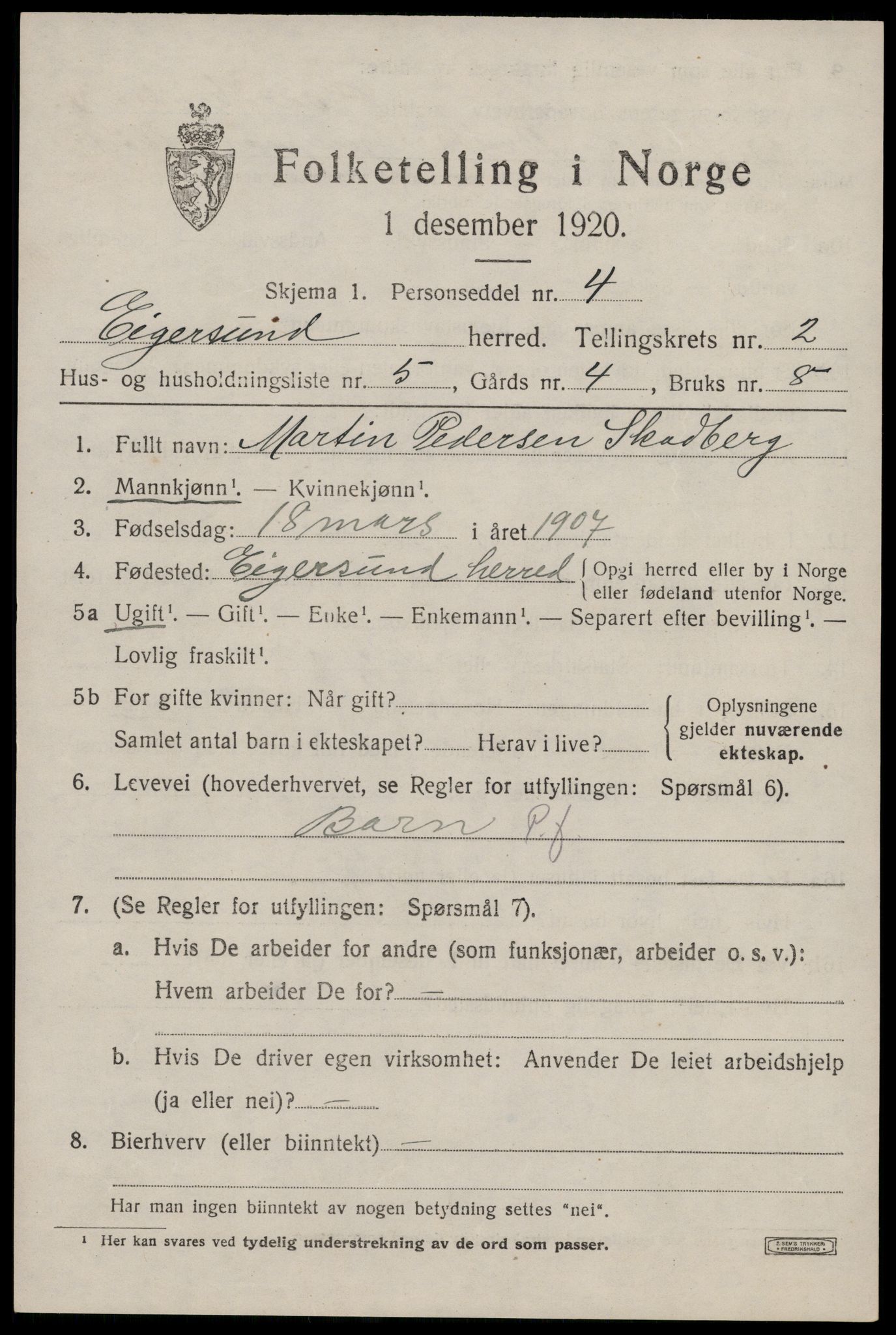 SAST, 1920 census for Eigersund, 1920, p. 1665