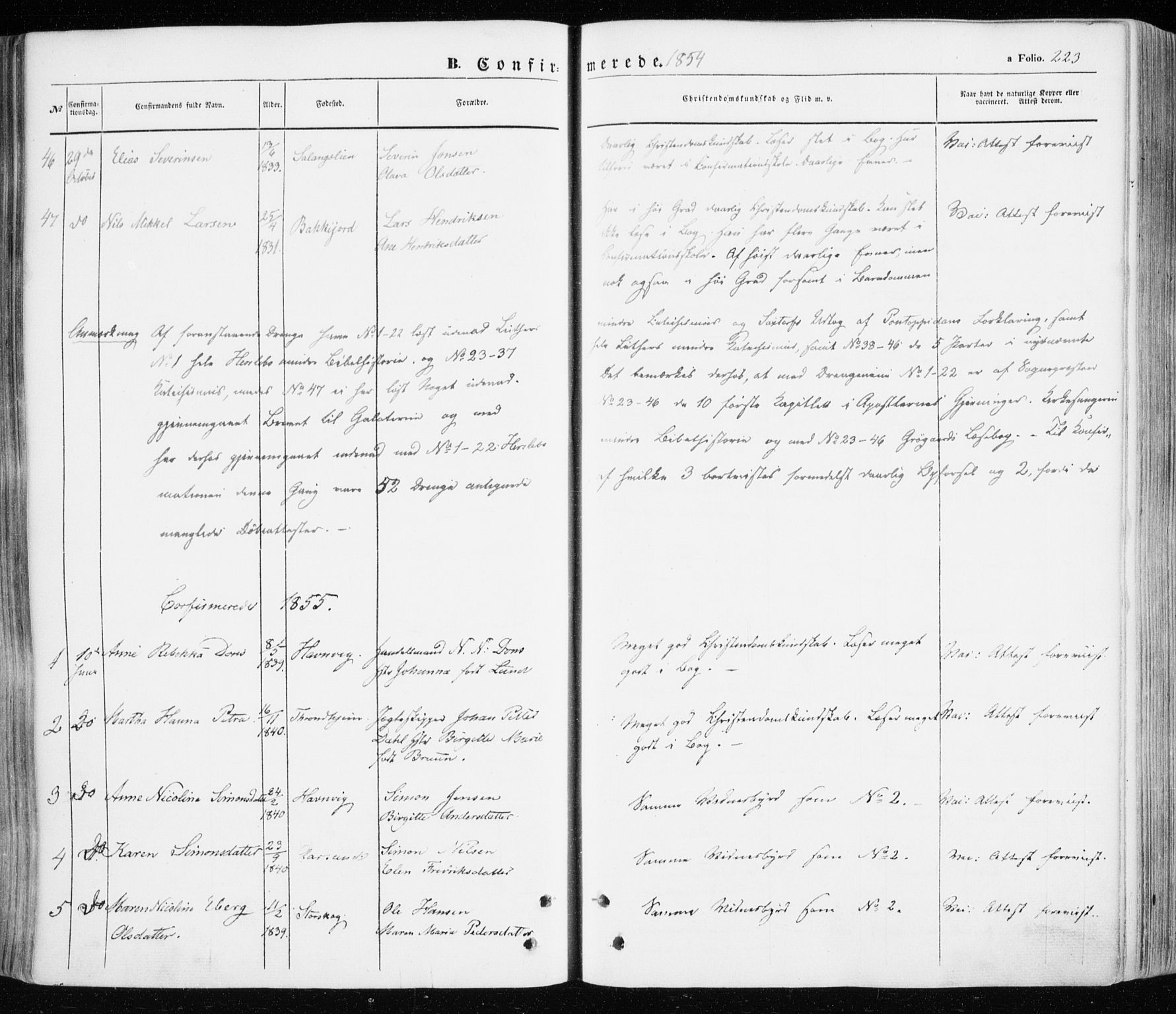Ibestad sokneprestembete, SATØ/S-0077/H/Ha/Haa/L0008kirke: Parish register (official) no. 8, 1850-1859, p. 223