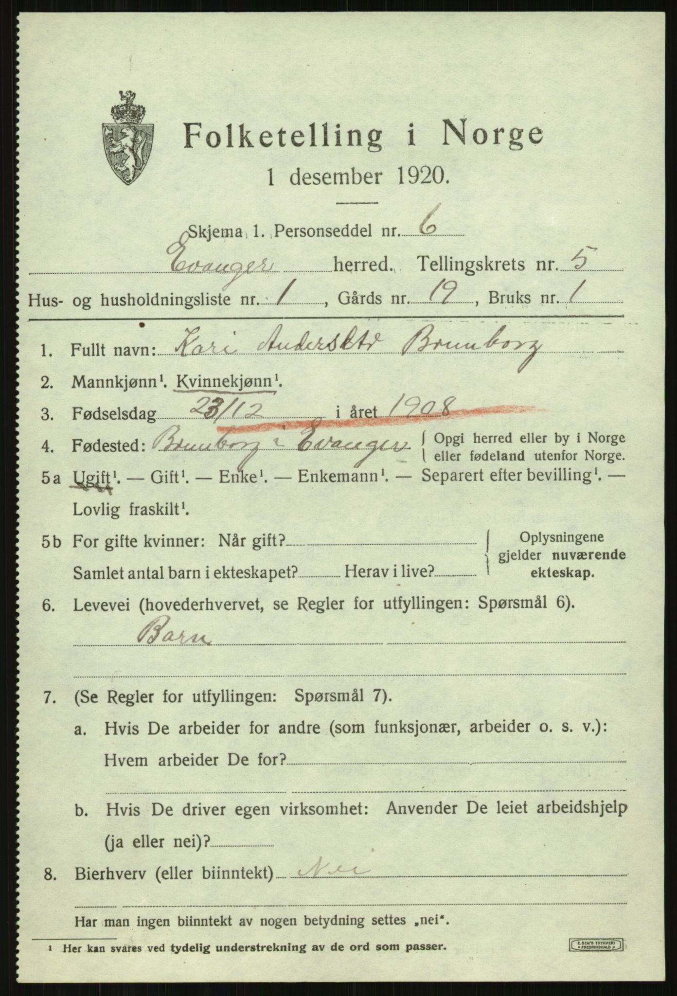 SAB, 1920 census for Evanger, 1920, p. 1667