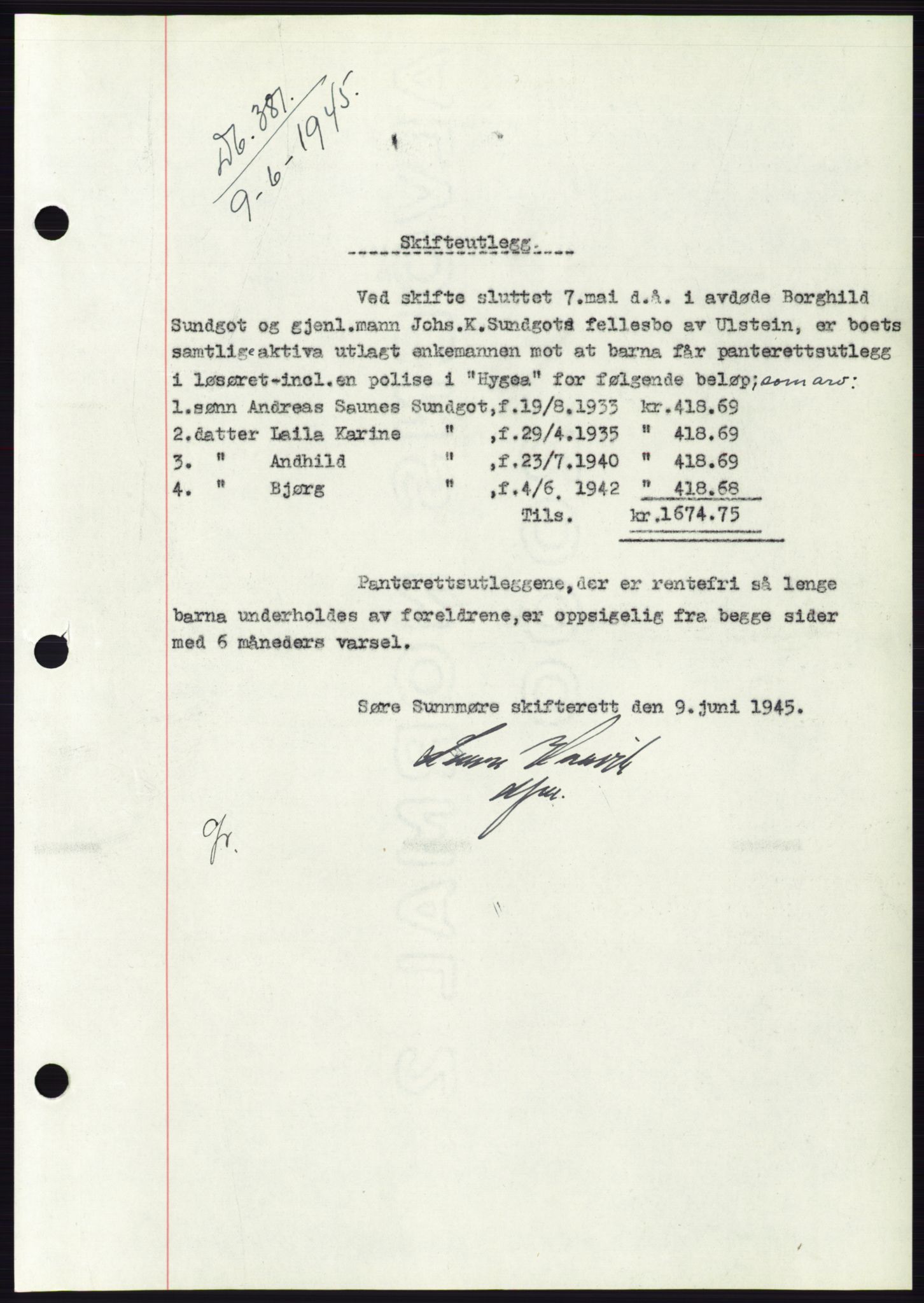 Søre Sunnmøre sorenskriveri, AV/SAT-A-4122/1/2/2C/L0114: Mortgage book no. 1-2B, 1943-1947, Diary no: : 387/1945