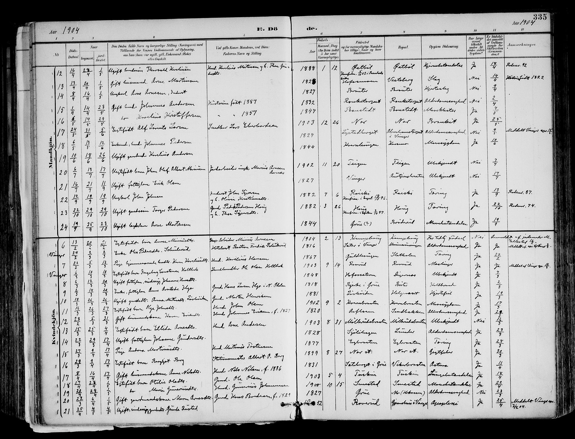 Brandval prestekontor, AV/SAH-PREST-034/H/Ha/Haa/L0003: Parish register (official) no. 3, 1894-1909, p. 335