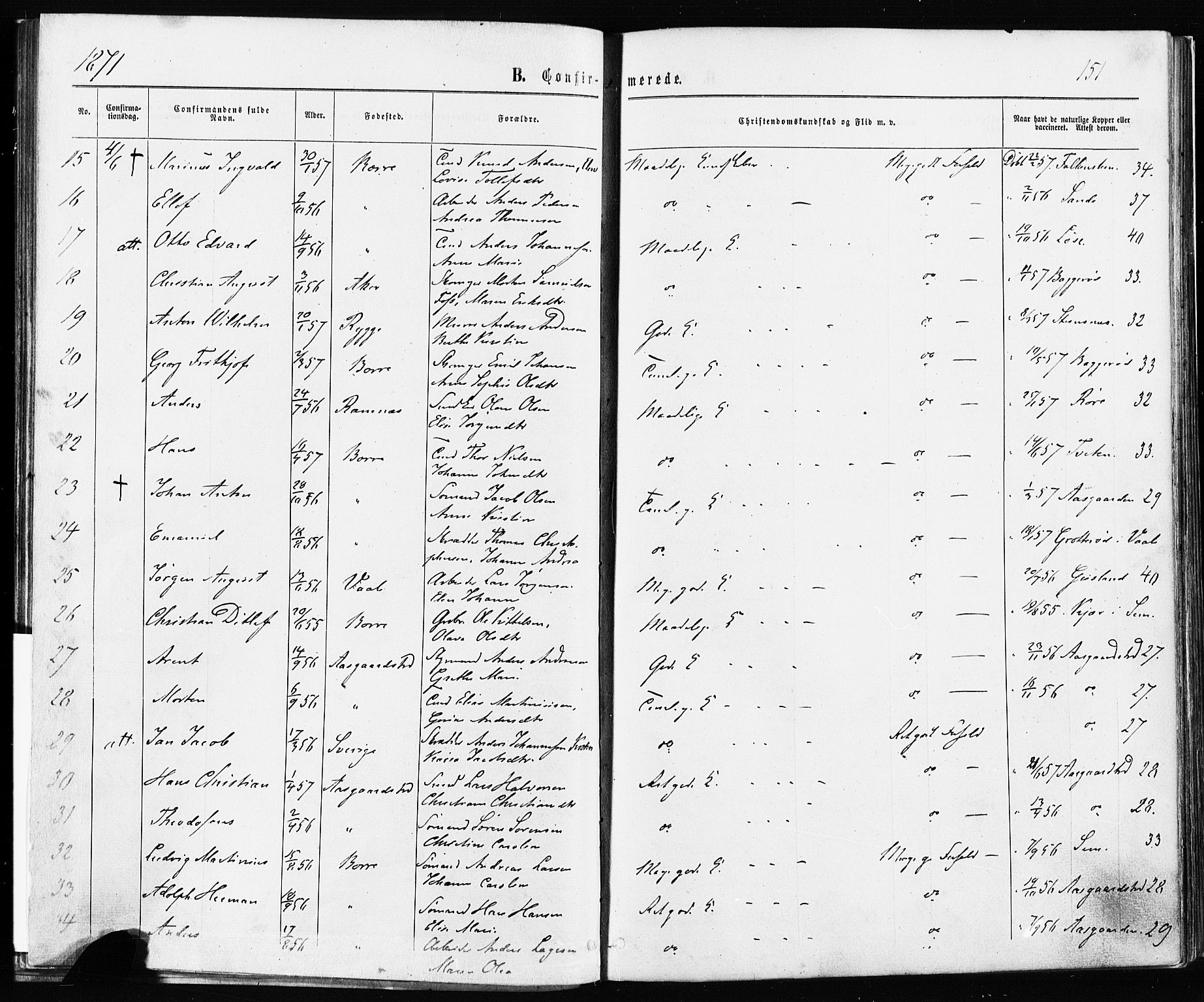 Borre kirkebøker, AV/SAKO-A-338/F/Fa/L0008: Parish register (official) no. I 8, 1868-1877, p. 151