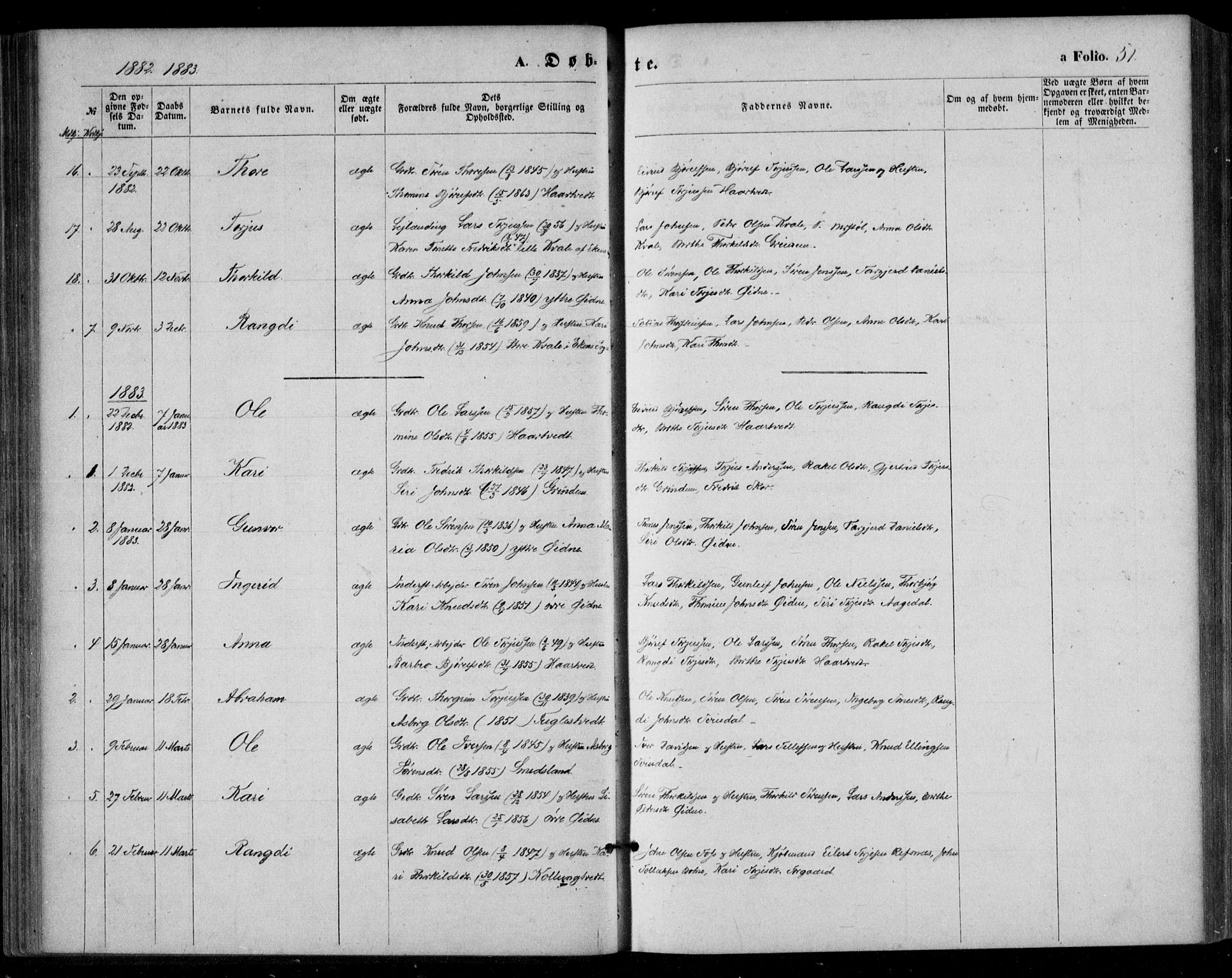 Bjelland sokneprestkontor, SAK/1111-0005/F/Fa/Fac/L0002: Parish register (official) no. A 2, 1866-1887, p. 51
