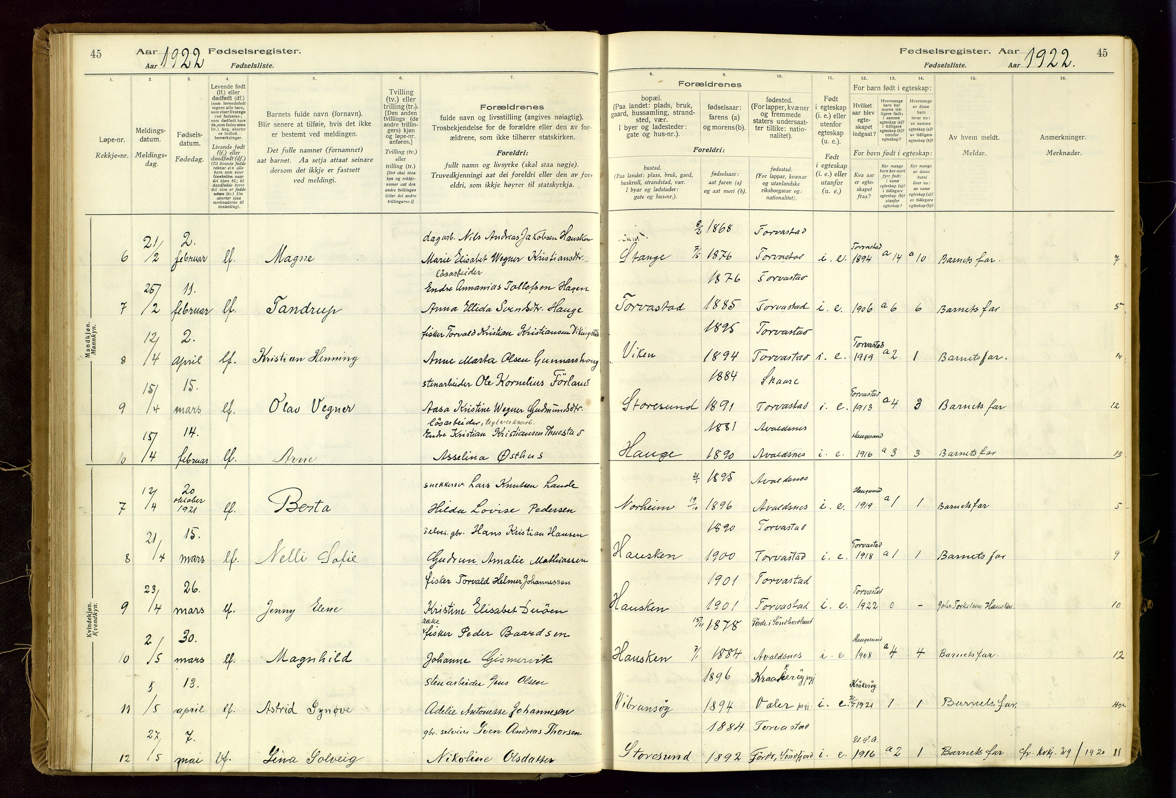 Torvastad sokneprestkontor, AV/SAST-A -101857/I/Id/L0002: Birth register no. 2, 1916-1950, p. 45