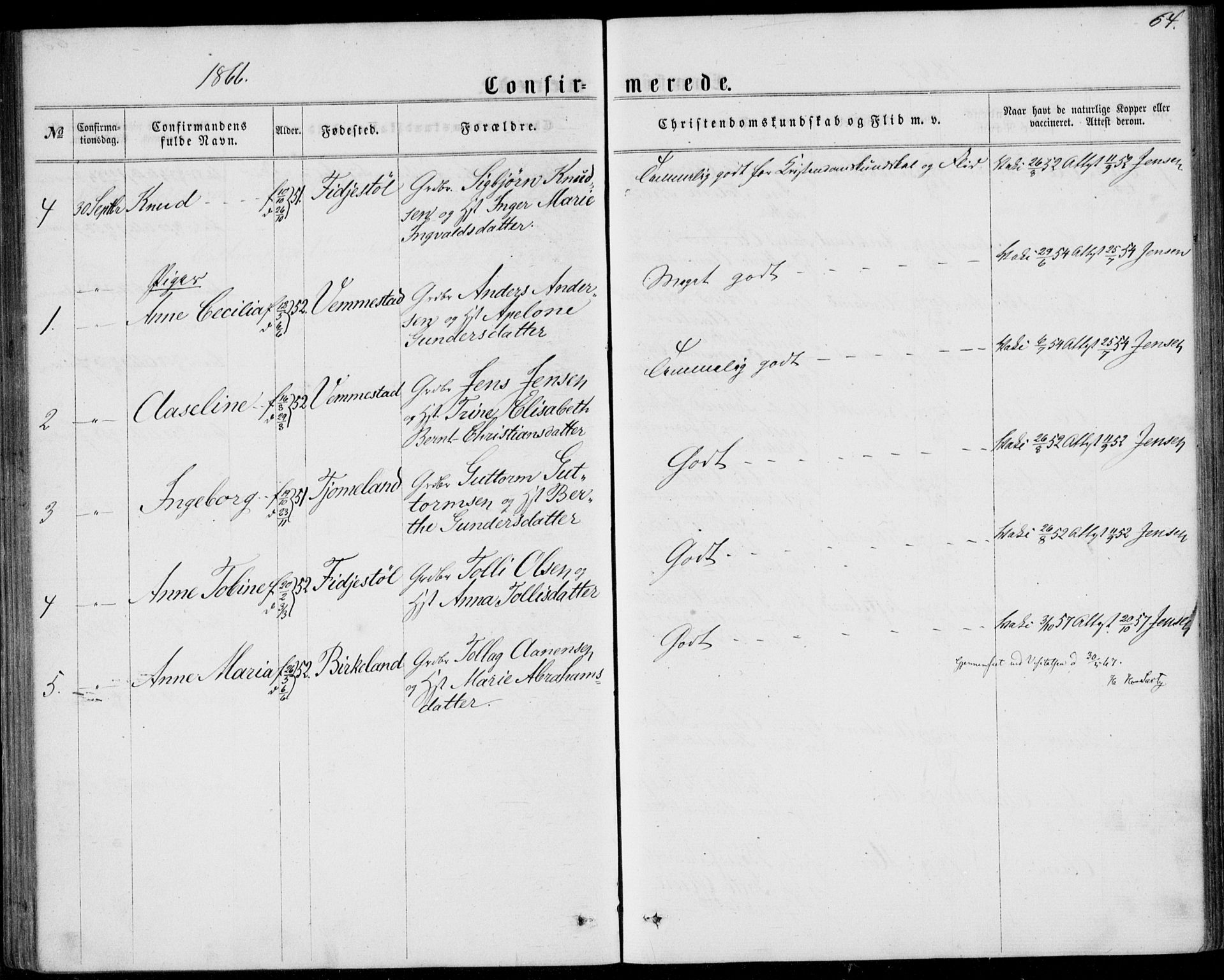 Lyngdal sokneprestkontor, AV/SAK-1111-0029/F/Fa/Fab/L0002: Parish register (official) no. A 2, 1861-1878, p. 64