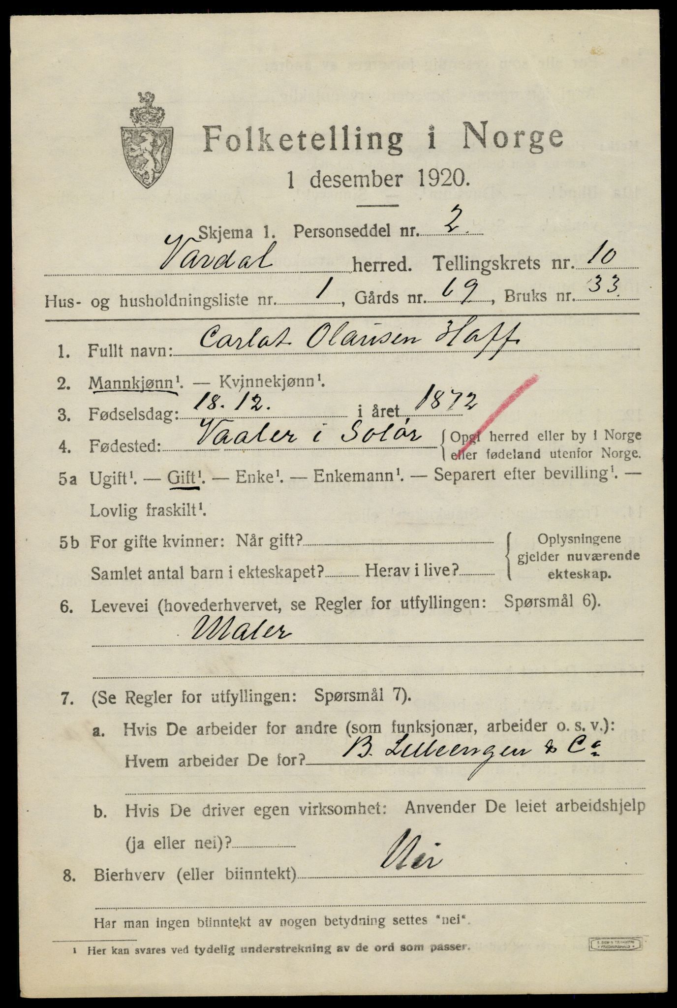 SAH, 1920 census for Vardal, 1920, p. 8455