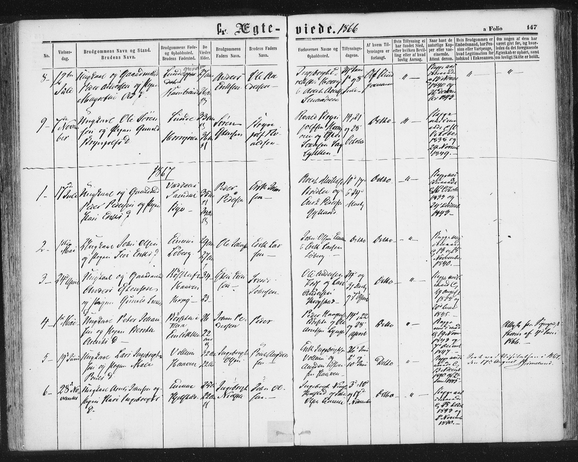 Ministerialprotokoller, klokkerbøker og fødselsregistre - Sør-Trøndelag, SAT/A-1456/692/L1104: Parish register (official) no. 692A04, 1862-1878, p. 147
