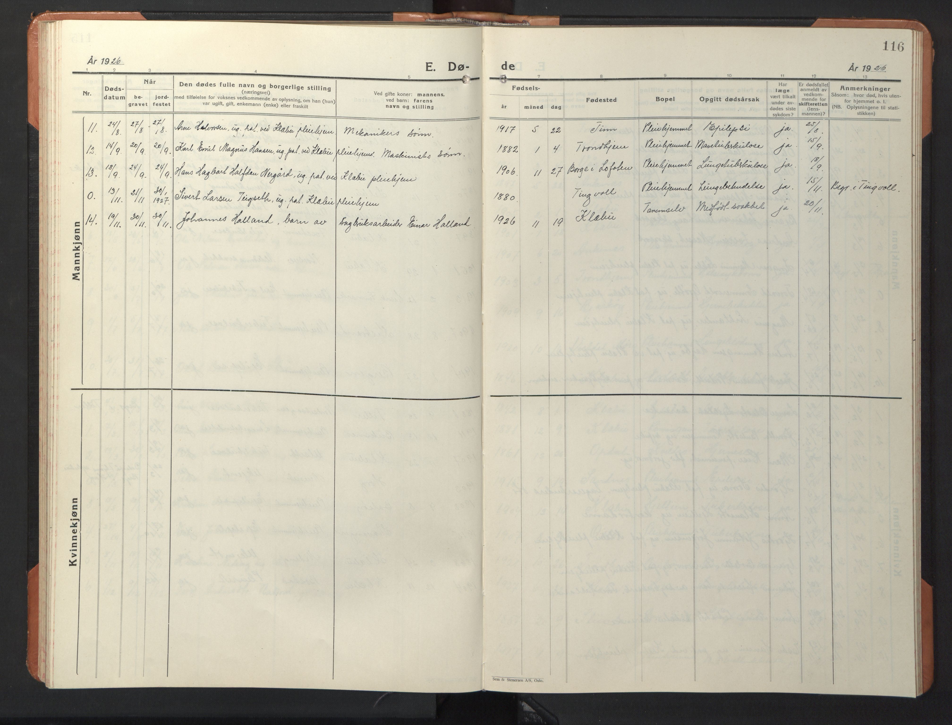 Ministerialprotokoller, klokkerbøker og fødselsregistre - Sør-Trøndelag, SAT/A-1456/618/L0454: Parish register (copy) no. 618C05, 1926-1946, p. 116