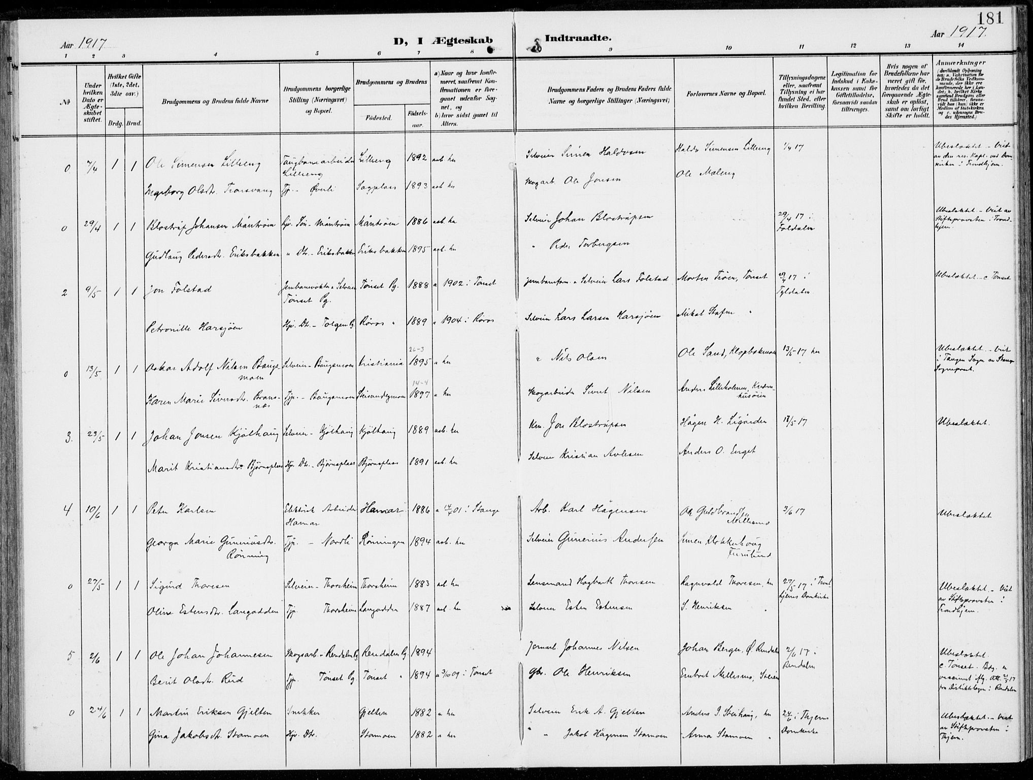 Alvdal prestekontor, AV/SAH-PREST-060/H/Ha/Haa/L0004: Parish register (official) no. 4, 1907-1919, p. 181