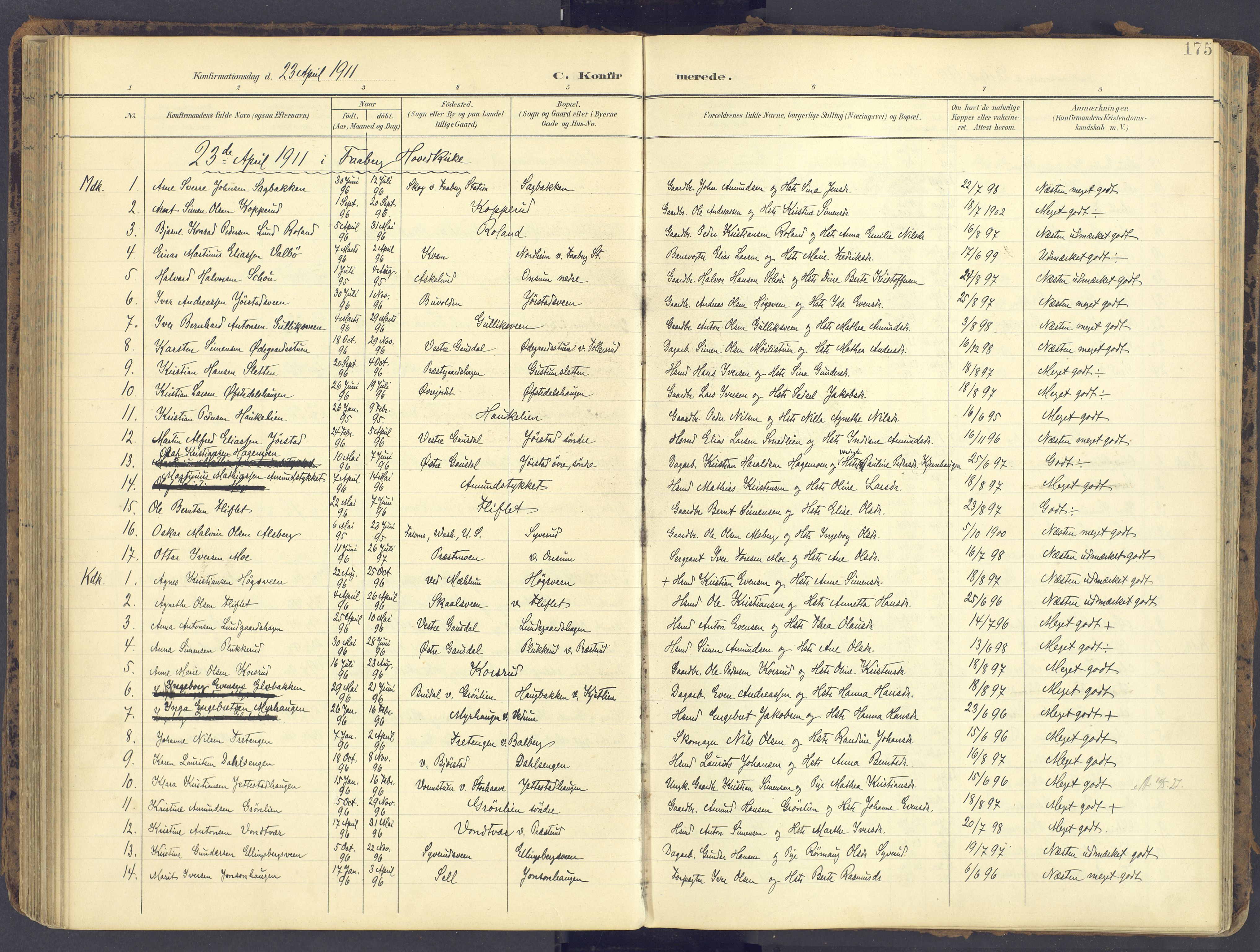 Fåberg prestekontor, SAH/PREST-086/H/Ha/Haa/L0012: Parish register (official) no. 12, 1899-1915, p. 175