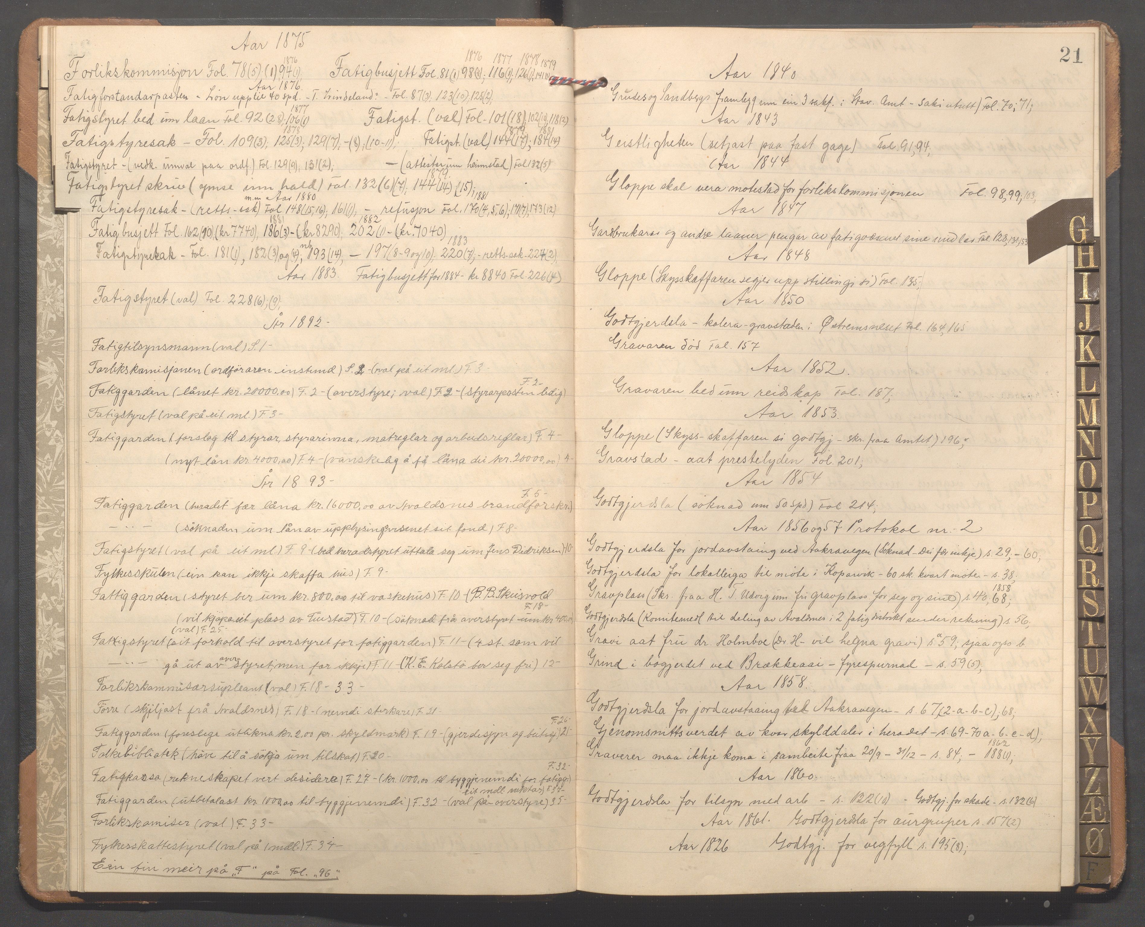 Avaldsnes kommune - Formannskapet, IKAR/K-101651/C/Cb/L0001: Register til møtebok, 1838-1901, p. 21