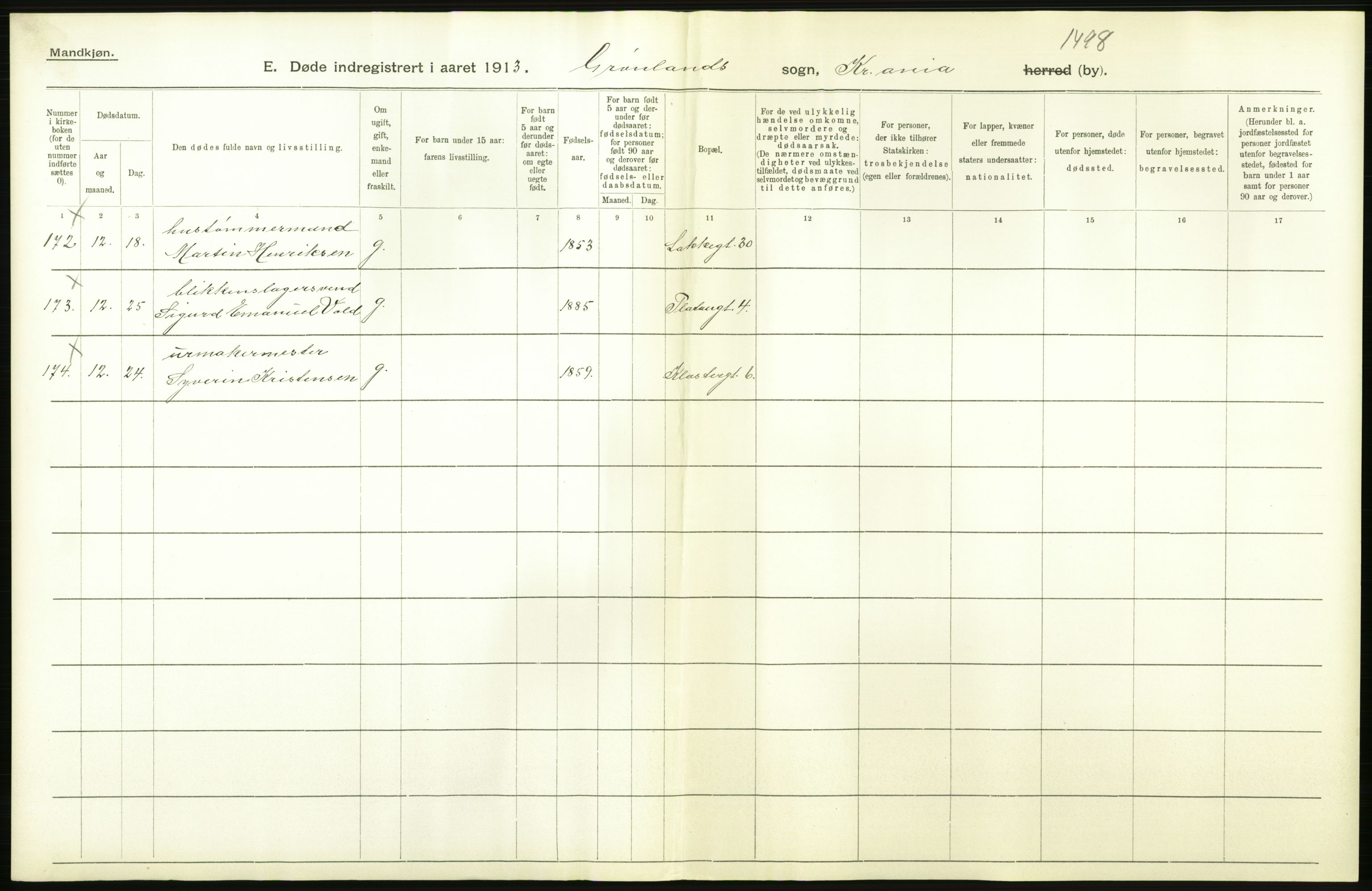 Statistisk sentralbyrå, Sosiodemografiske emner, Befolkning, AV/RA-S-2228/D/Df/Dfb/Dfbc/L0009: Kristiania: Døde., 1913, p. 666