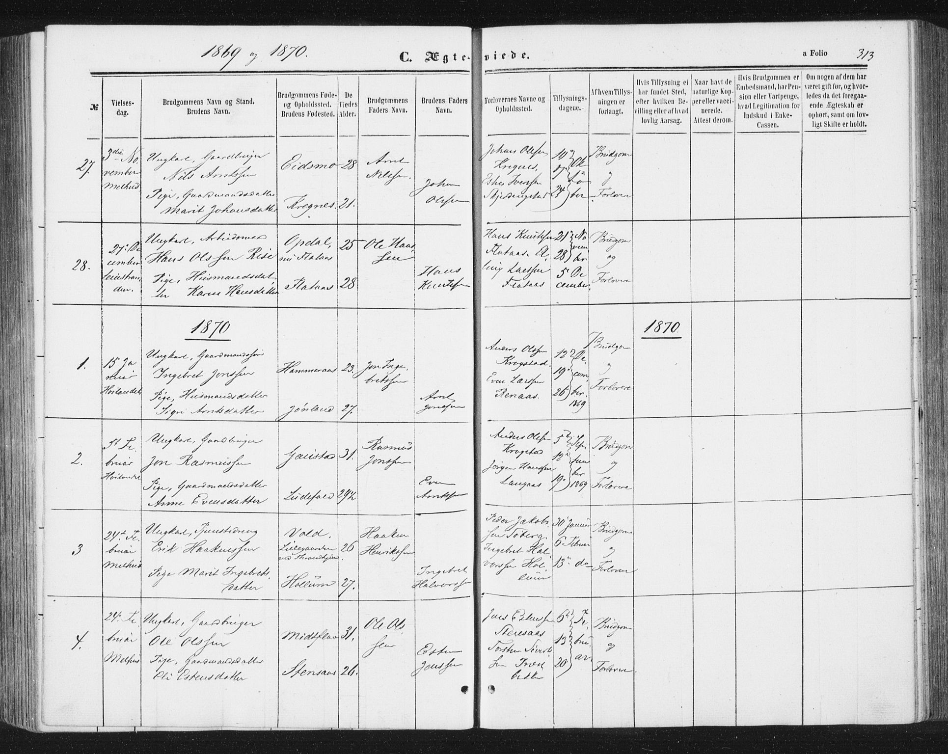 Ministerialprotokoller, klokkerbøker og fødselsregistre - Sør-Trøndelag, AV/SAT-A-1456/691/L1077: Parish register (official) no. 691A09, 1862-1873, p. 313