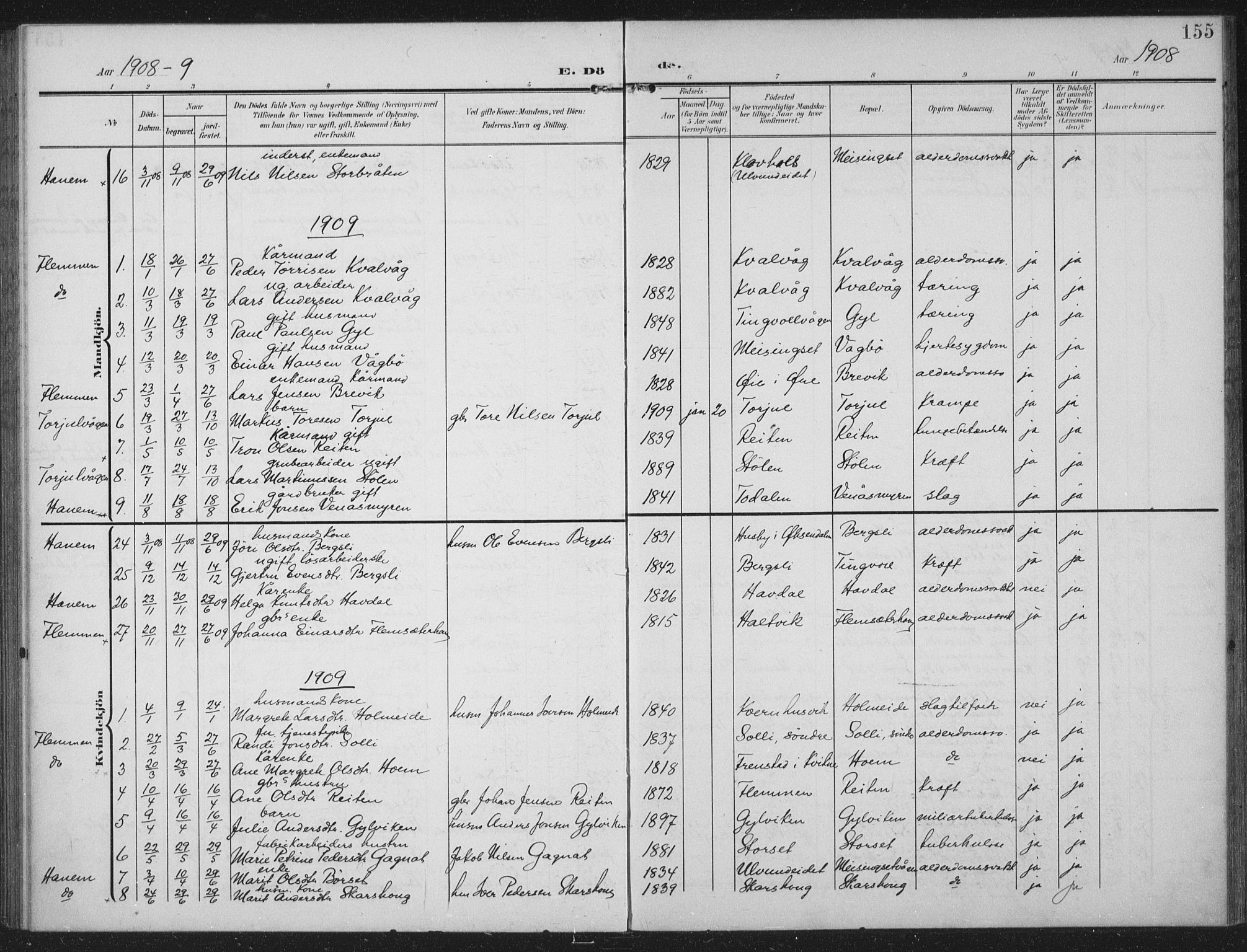 Ministerialprotokoller, klokkerbøker og fødselsregistre - Møre og Romsdal, AV/SAT-A-1454/586/L0989: Parish register (official) no. 586A15, 1906-1915, p. 155