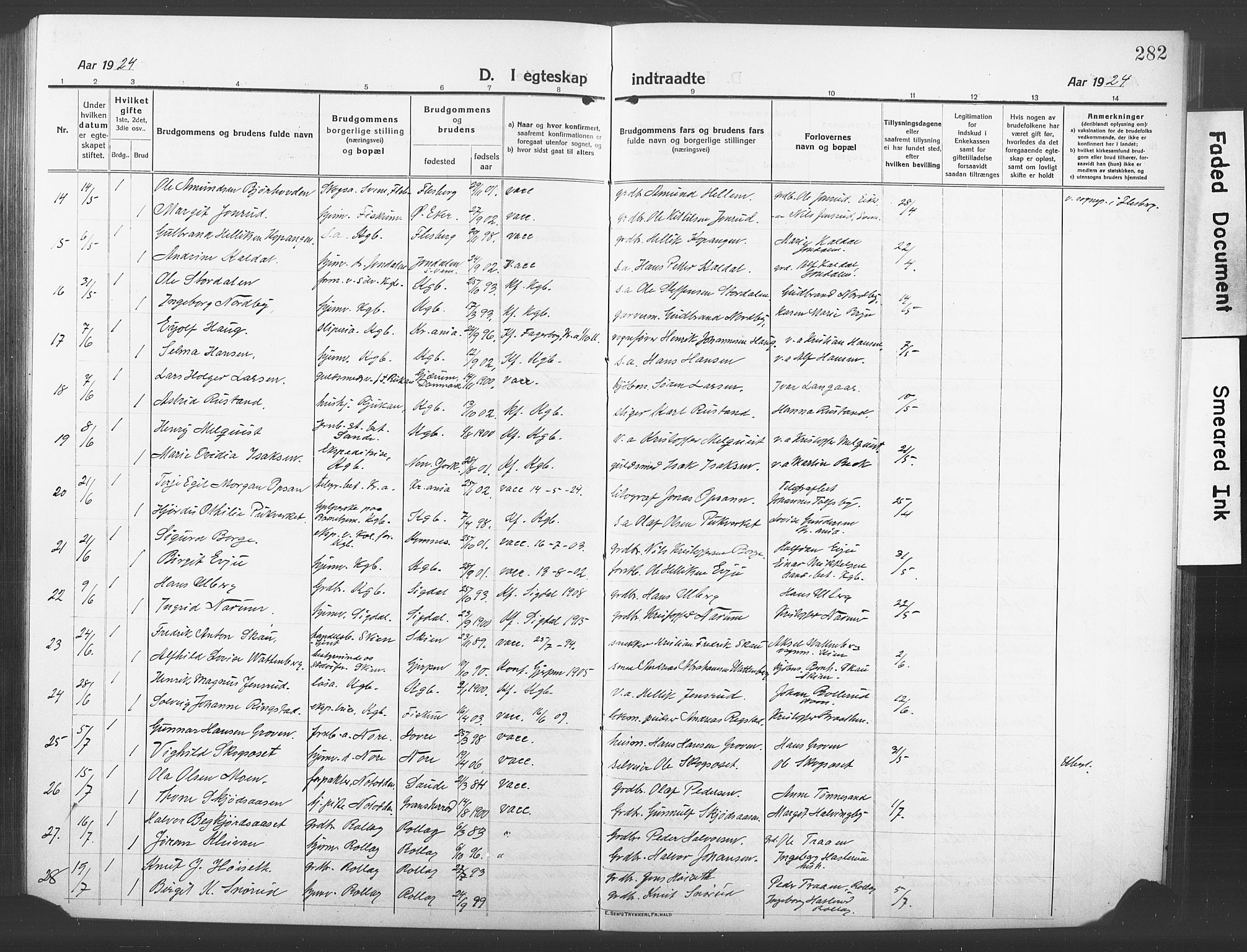 Kongsberg kirkebøker, AV/SAKO-A-22/G/Ga/L0008: Parish register (copy) no. 8, 1915-1932, p. 282