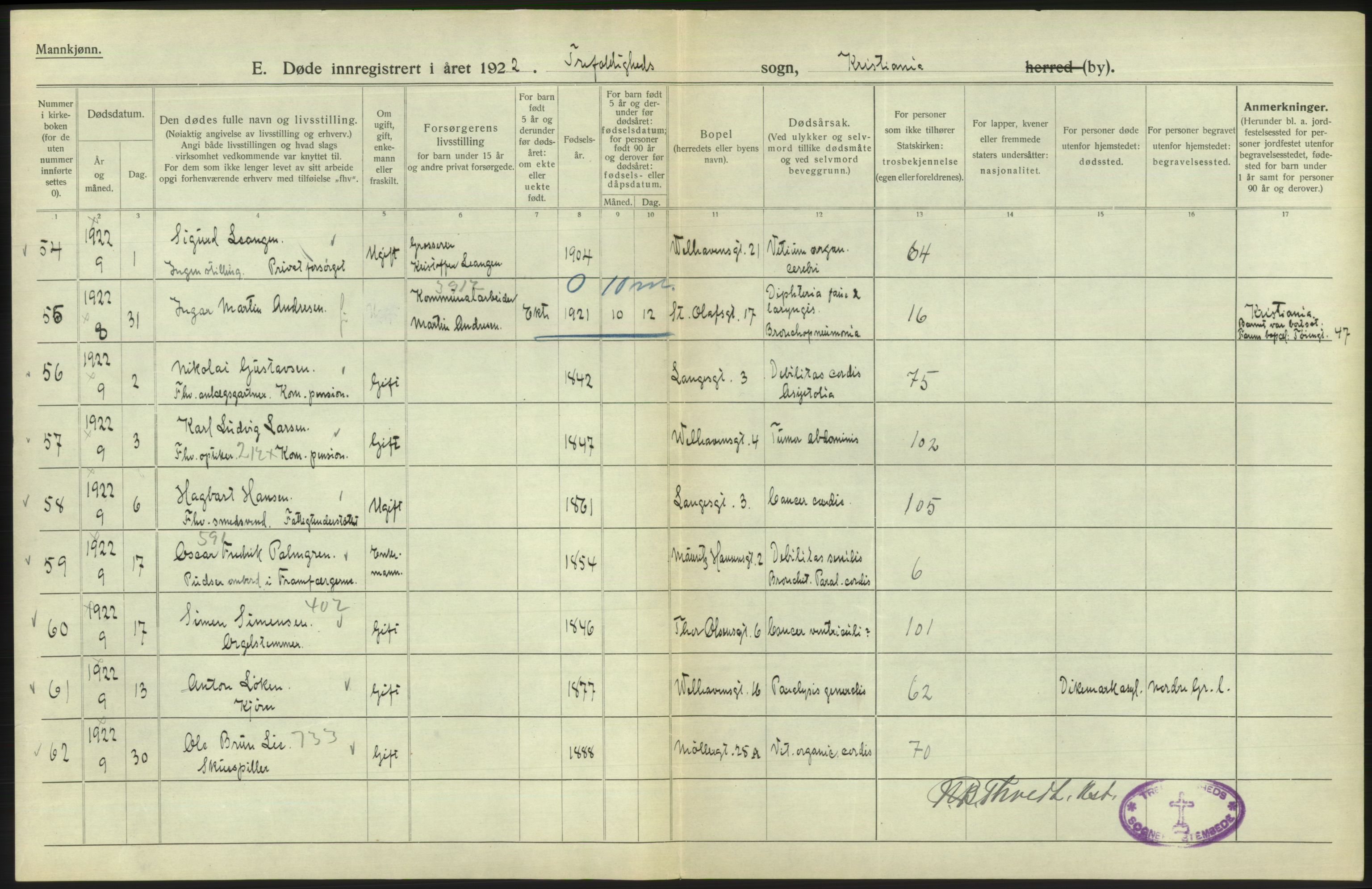 Statistisk sentralbyrå, Sosiodemografiske emner, Befolkning, AV/RA-S-2228/D/Df/Dfc/Dfcb/L0009: Kristiania: Døde, 1922, p. 192