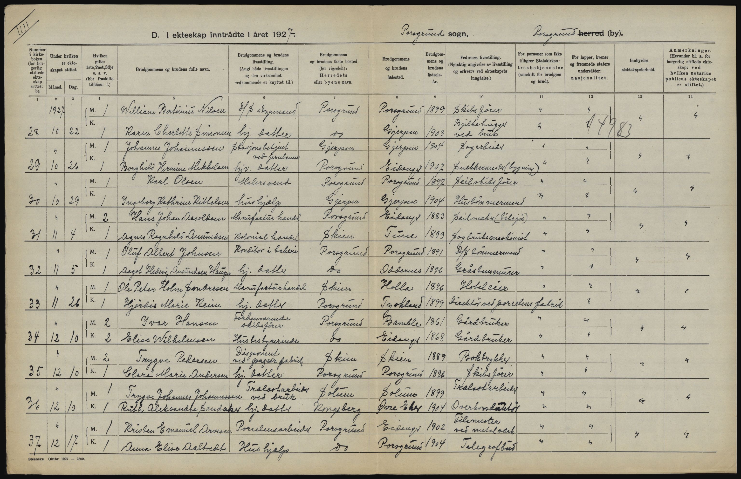 Statistisk sentralbyrå, Sosiodemografiske emner, Befolkning, RA/S-2228/D/Df/Dfc/Dfcg/L0020: Telemark fylke: Gifte, døde. Bygder og byer., 1927, p. 38