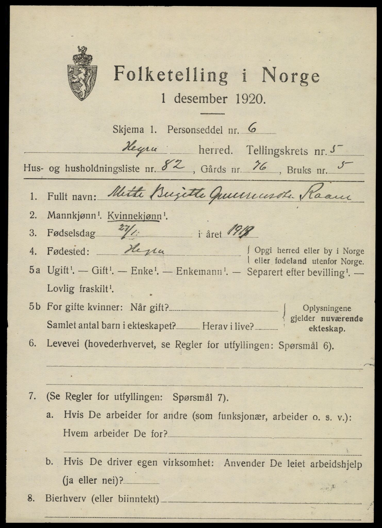 SAT, 1920 census for Hegra, 1920, p. 4854